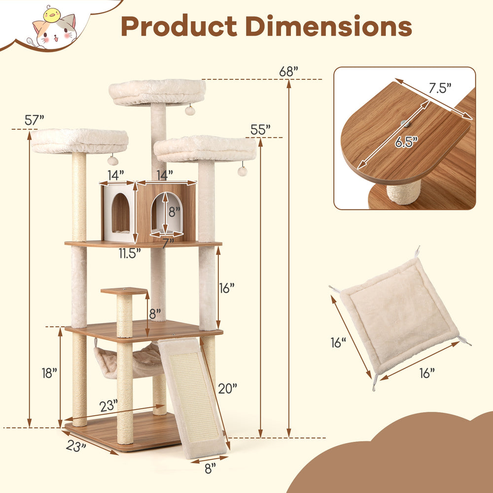 68 Inch Tall Cat Tree with 3 Padded Perches Condo and Sisal Scratching Posts - view 5