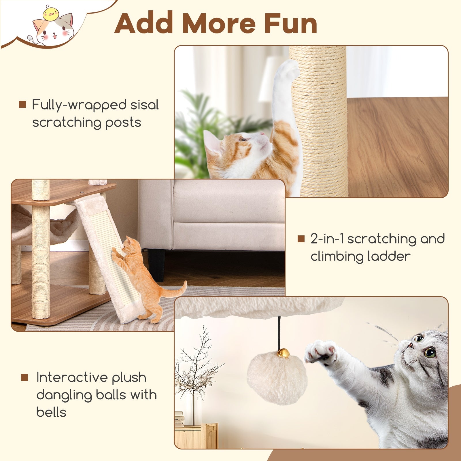 68 Inch Tall Cat Tree with 3 Padded Perches Condo and Sisal Scratching Posts - view 8