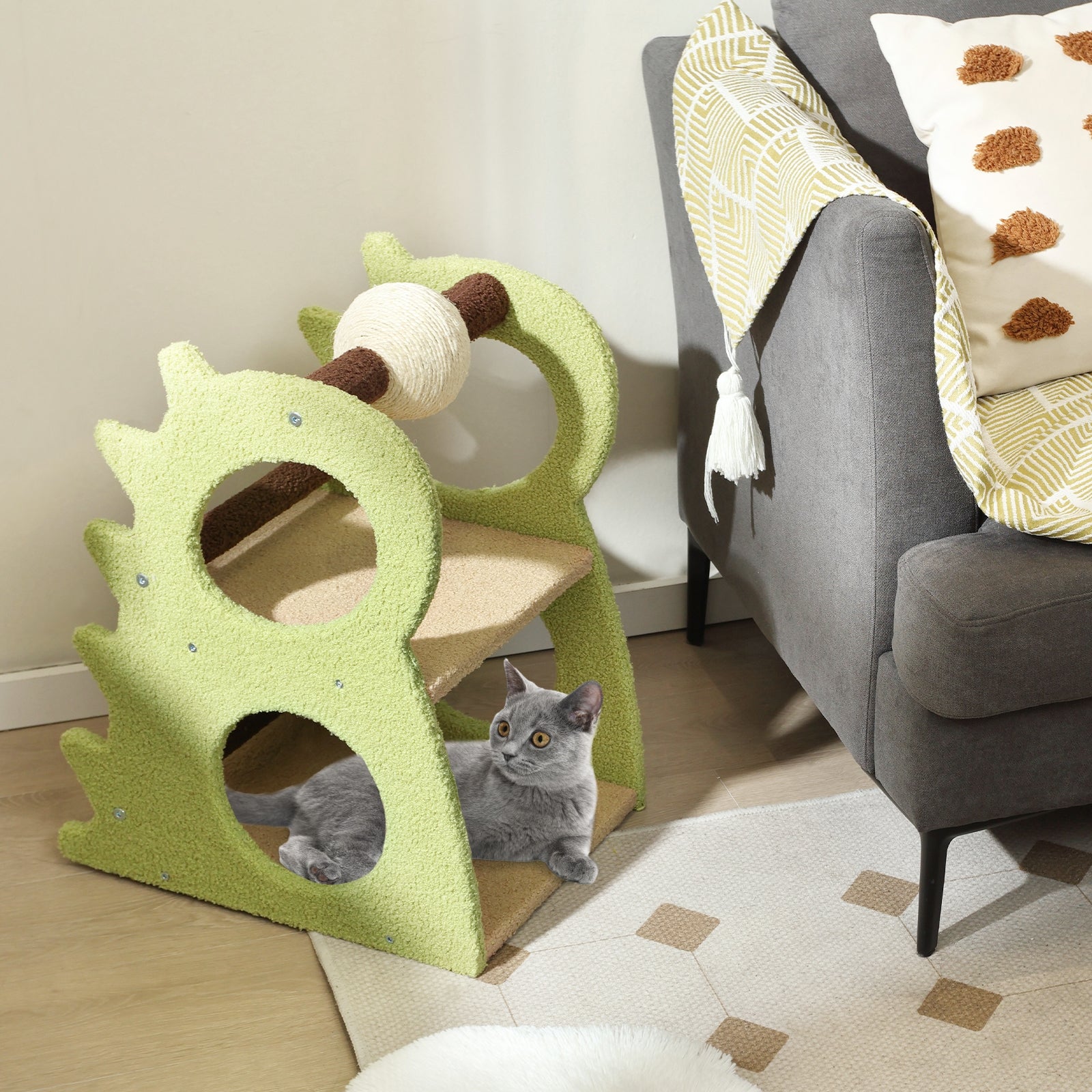 2-Tier Modern Cat Tree for Indoor Cats with Rotatable Sisal Scratching Ball - view 2
