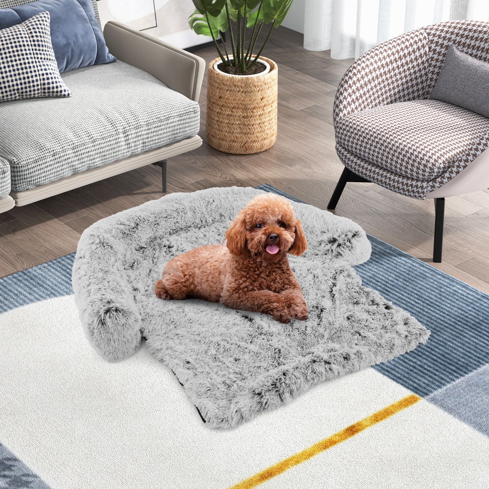 White Plush Calming Dog Couch Bed with Anti-Slip Bottom - view 3