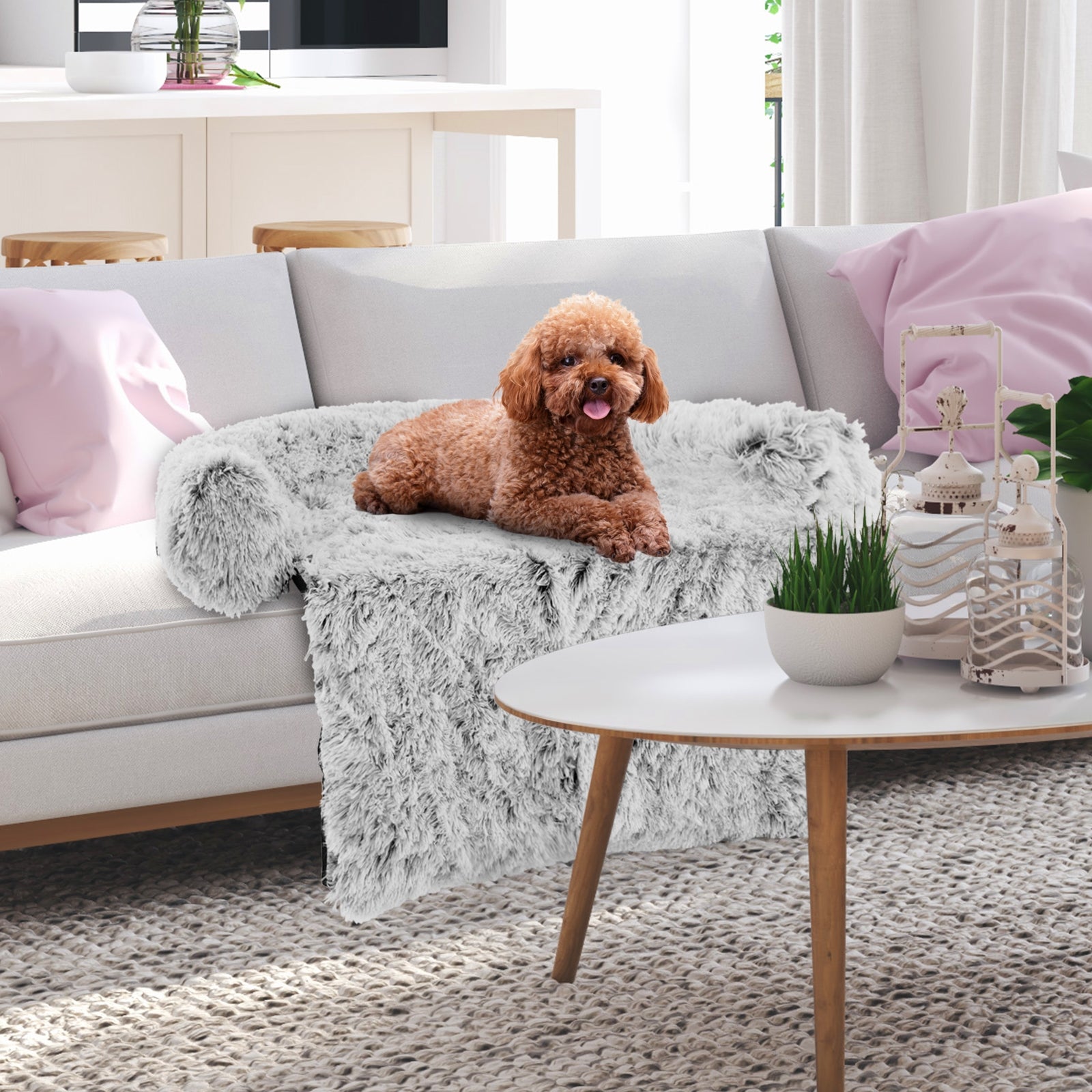White Plush Calming Dog Couch Bed with Anti-Slip Bottom - view 5