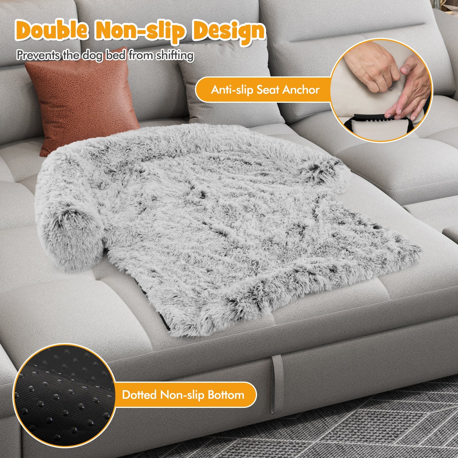 White Plush Calming Dog Couch Bed with Anti-Slip Bottom - view 8