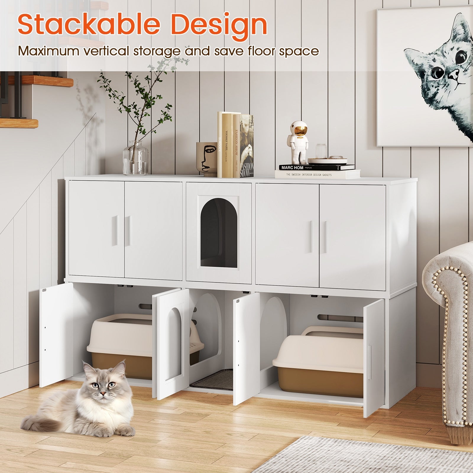 Cat Litter Box Enclosure for 2 Cats with Double Rooms and Sisal Scratching Mat - view 6