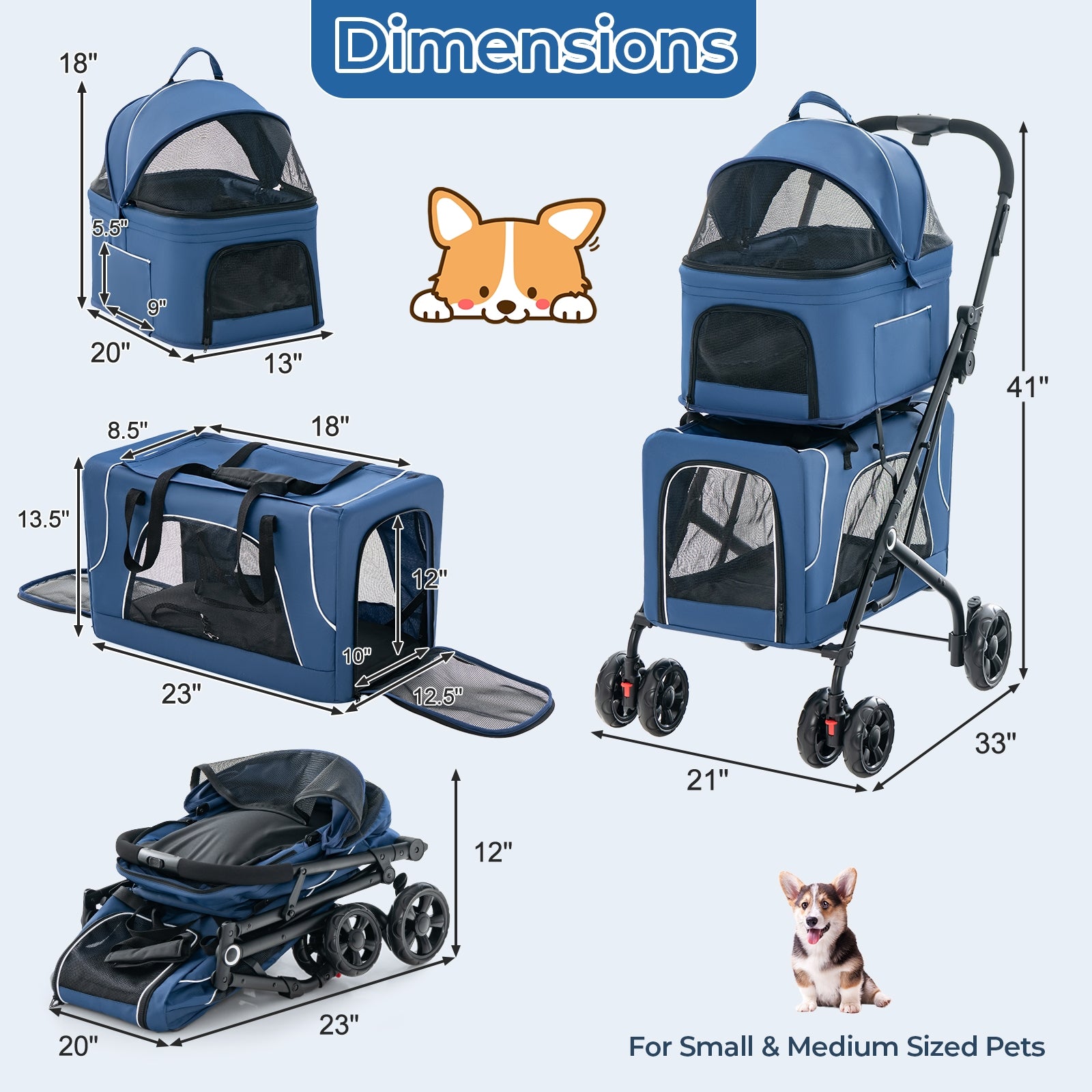 Double Pet Stroller Foldable 3-in-1 Dog Stroller with 2 Detachable Carriers - view 4