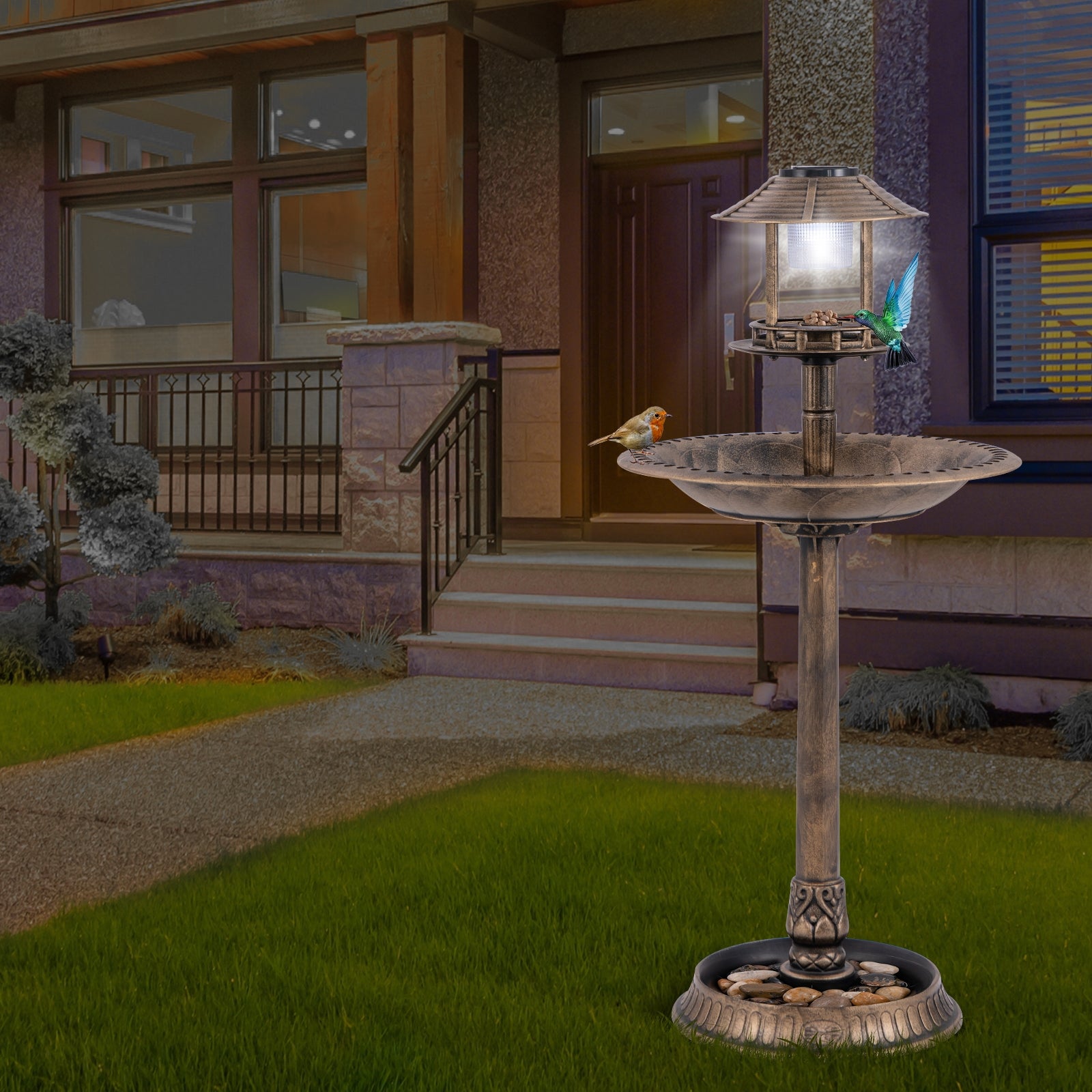 Pedestal Bird Bath with Solar Light with Bird Feeder and Flower Planter-Bronze - view 2