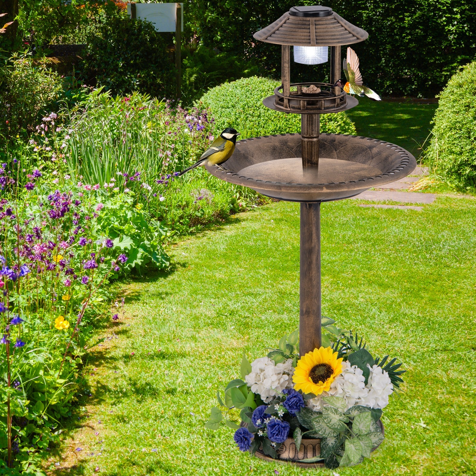 Pedestal Bird Bath with Solar Light with Bird Feeder and Flower Planter-Bronze - view 3