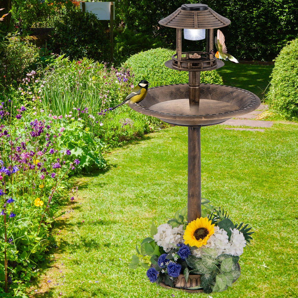 Pedestal Bird Bath with Solar Light with Bird Feeder and Flower Planter-Bronze - view 3