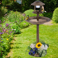 Pedestal Bird Bath with Solar Light with Bird Feeder and Flower Planter-Bronze - view 3