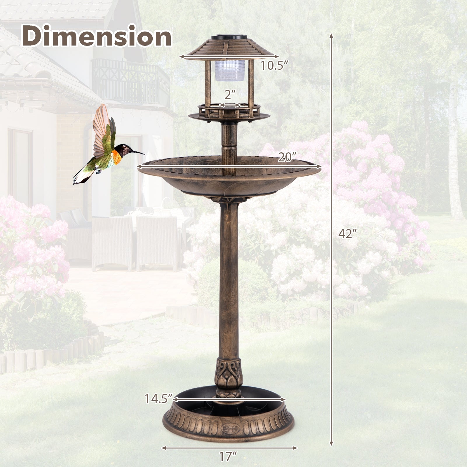 Pedestal Bird Bath with Solar Light with Bird Feeder and Flower Planter-Bronze - view 4