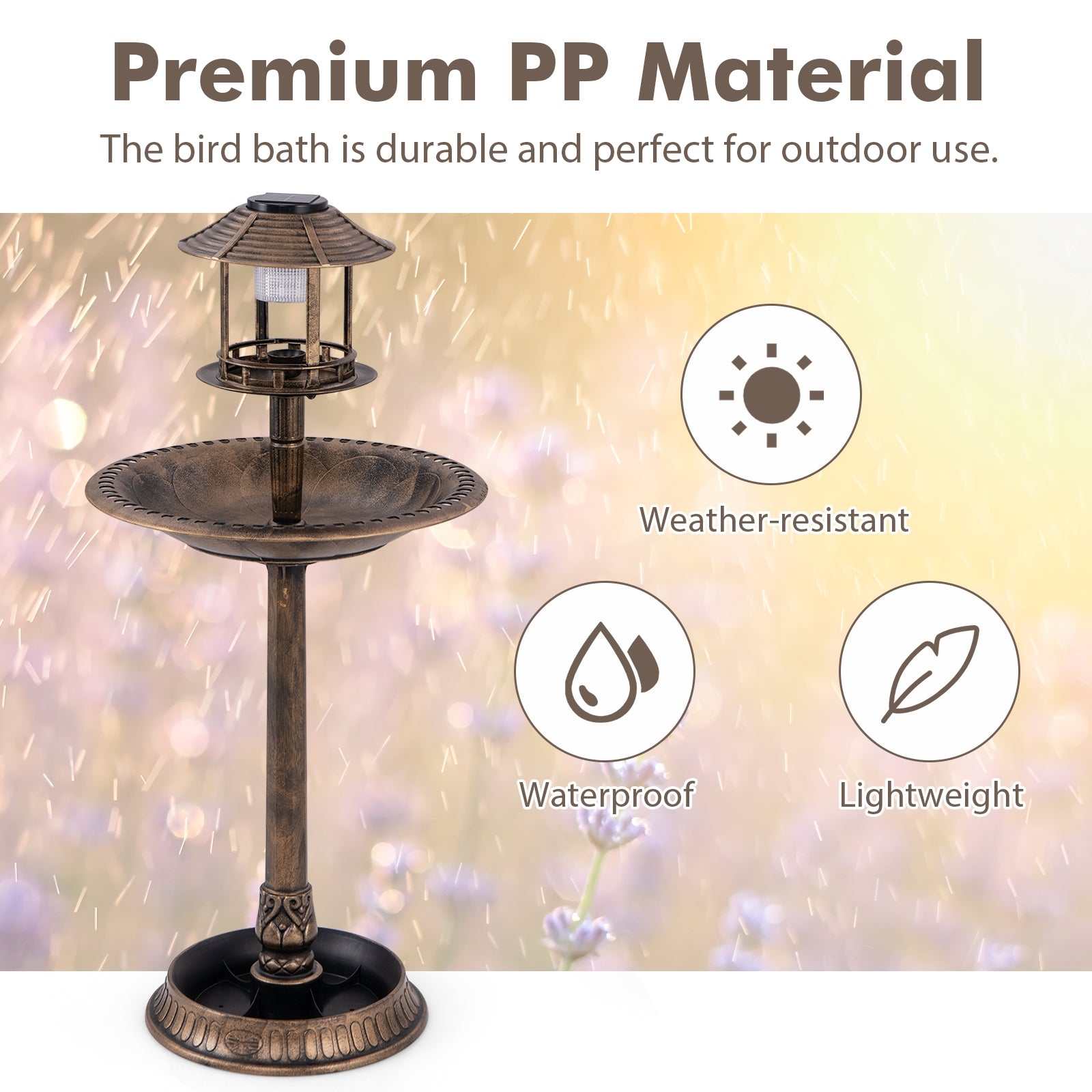 Pedestal Bird Bath with Solar Light with Bird Feeder and Flower Planter-Bronze - view 5