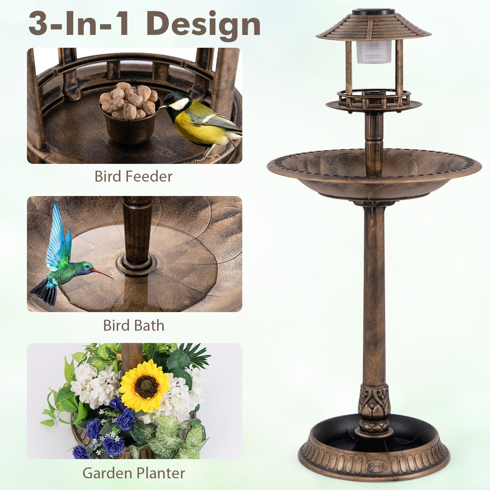 Pedestal Bird Bath with Solar Light with Bird Feeder and Flower Planter-Bronze - view 7