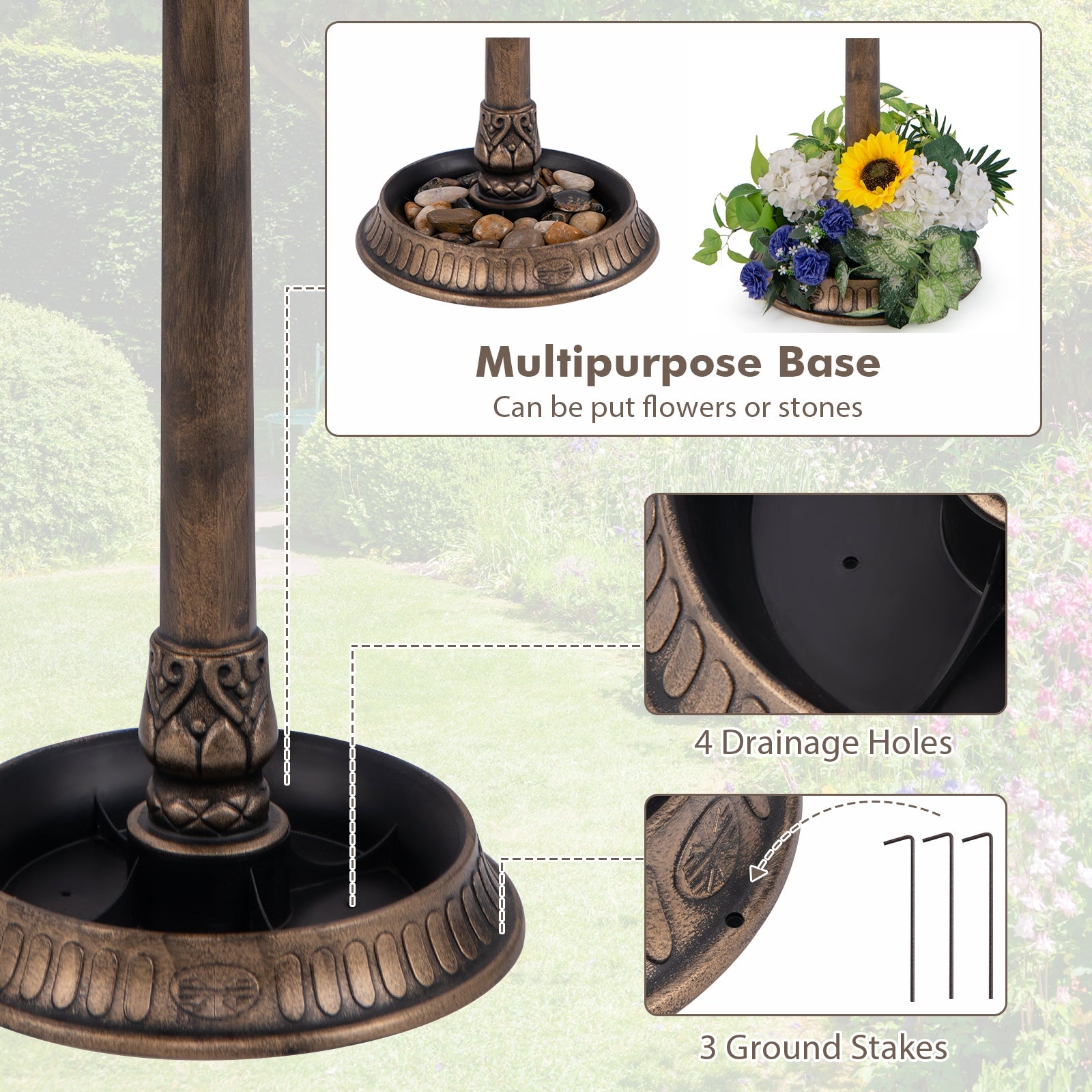 Pedestal Bird Bath with Solar Light with Bird Feeder and Flower Planter-Bronze - view 8