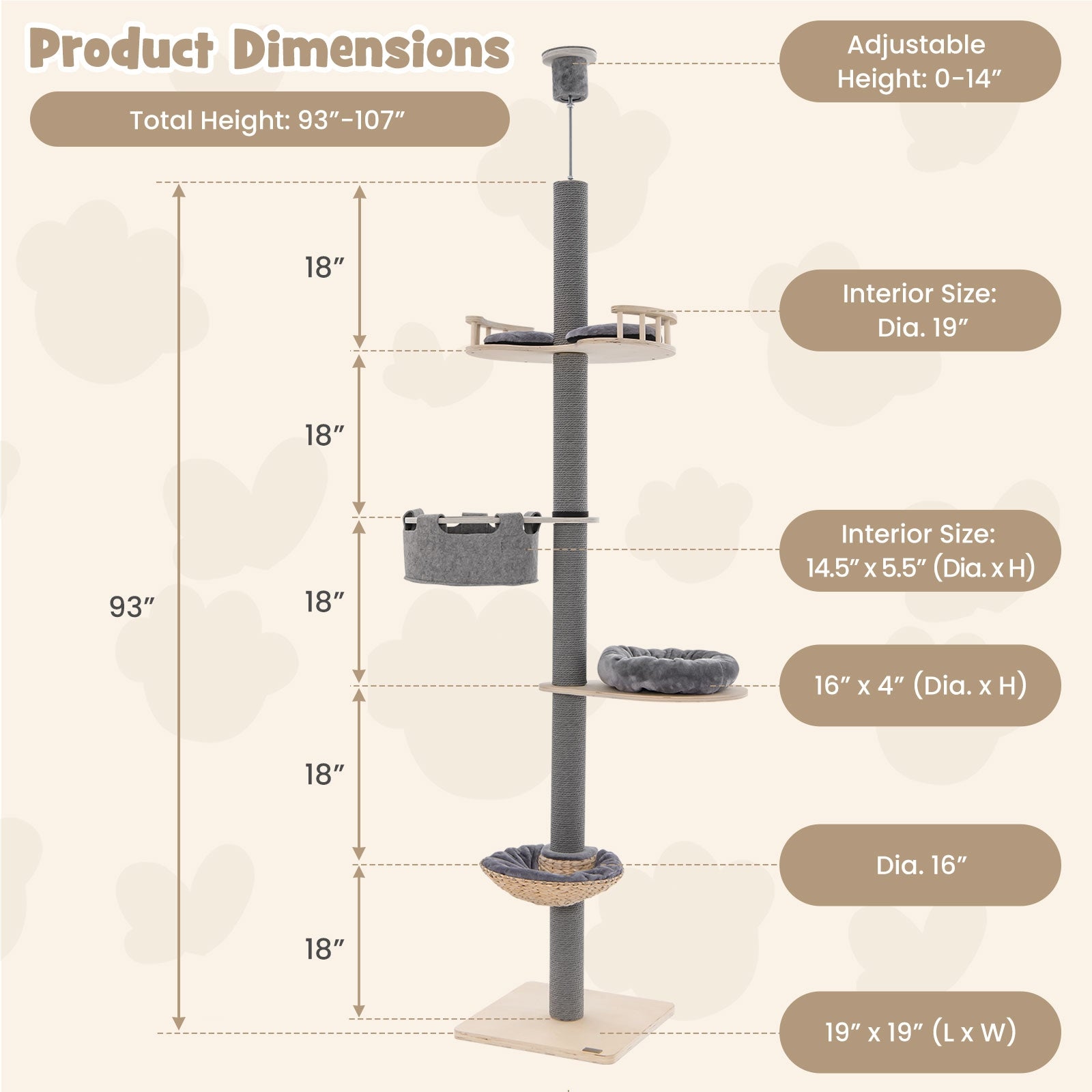 Floor to Ceiling Cat Tree with 93 Inch-107 Inch Adjustable Height - view 5