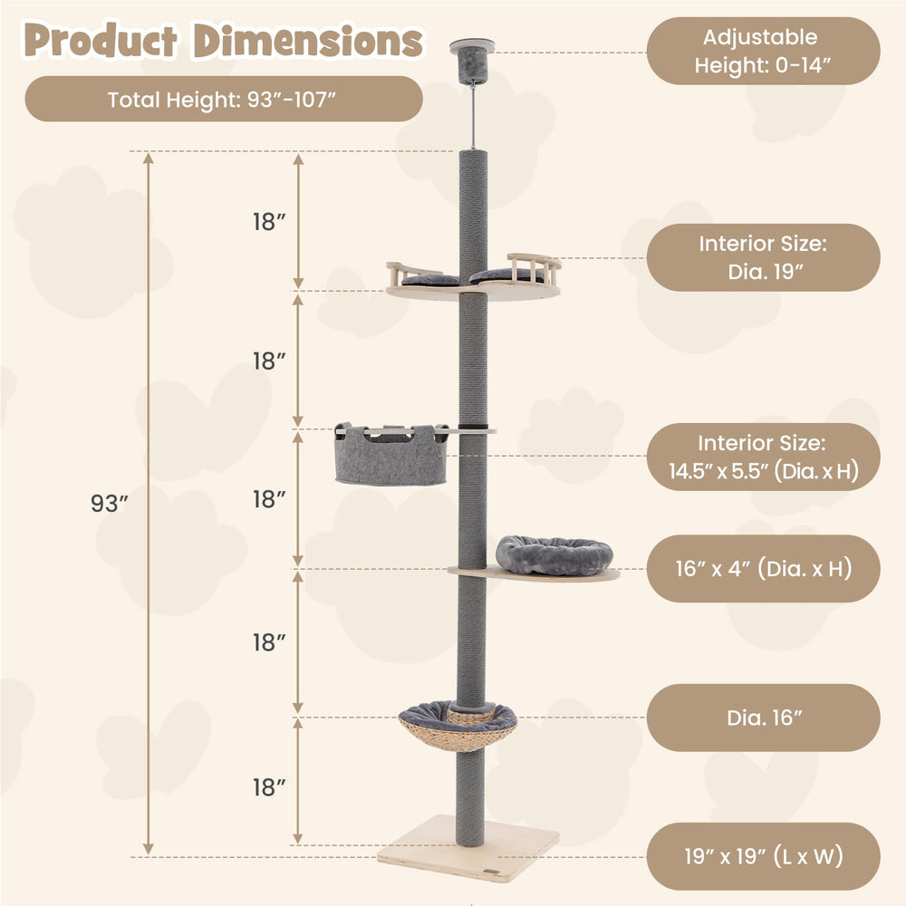Floor to Ceiling Cat Tree with 93 Inch-107 Inch Adjustable Height - view 5