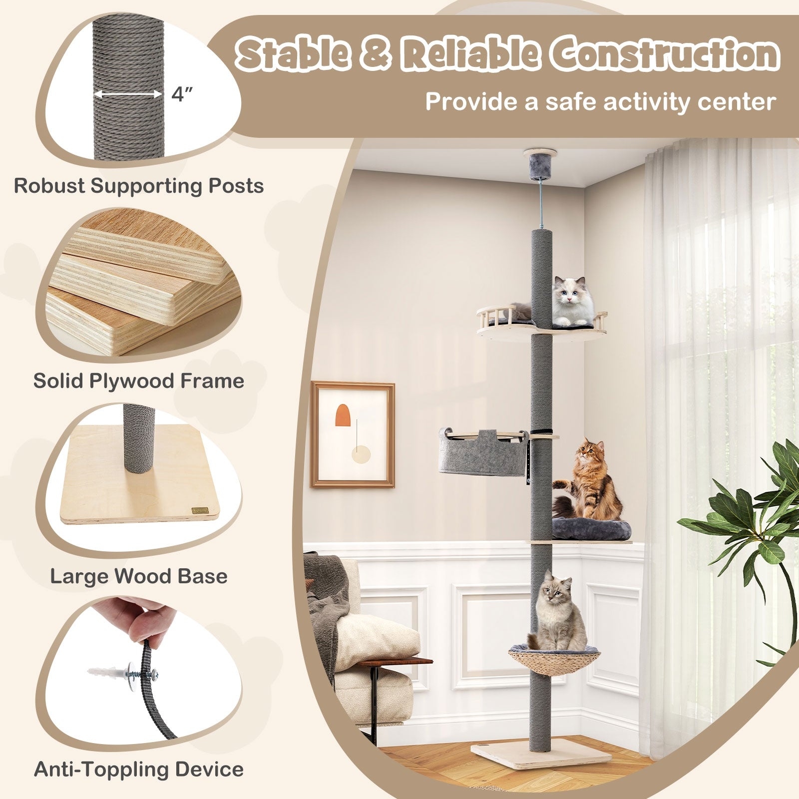 Floor to Ceiling Cat Tree with 93 Inch-107 Inch Adjustable Height - view 7