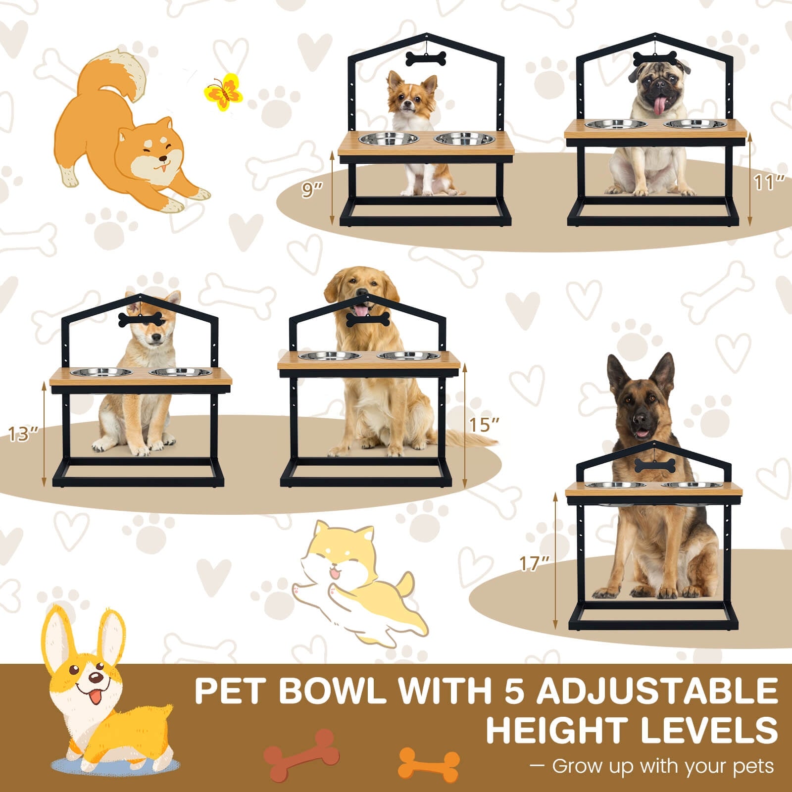 5 Heights Elevated Pet Feeder with 2 Detachable Stainless Steel Bowl - view 8