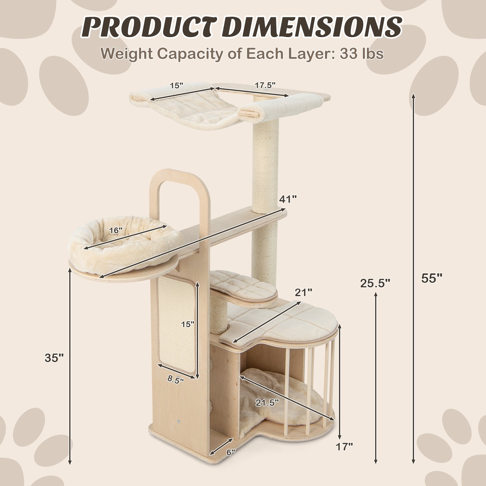 55 Inch Tall Multi-Level Cat Tree with Washable Removable Cushions - view 5