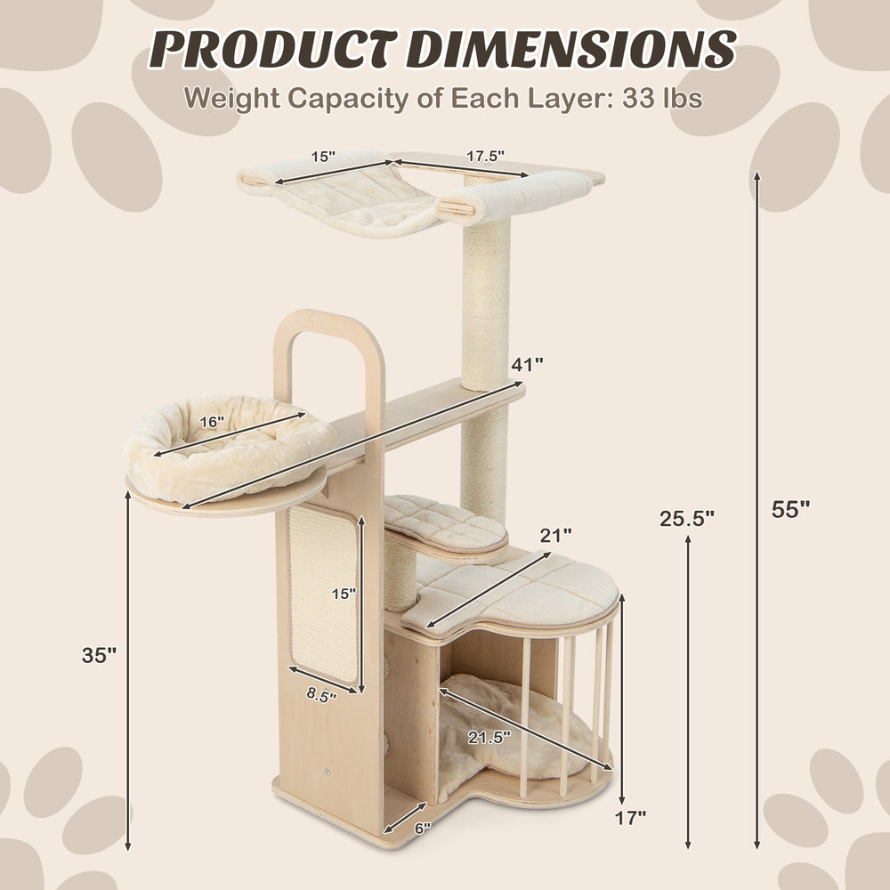 55 Inch Tall Multi-Level Cat Tree with Washable Removable Cushions - view 5