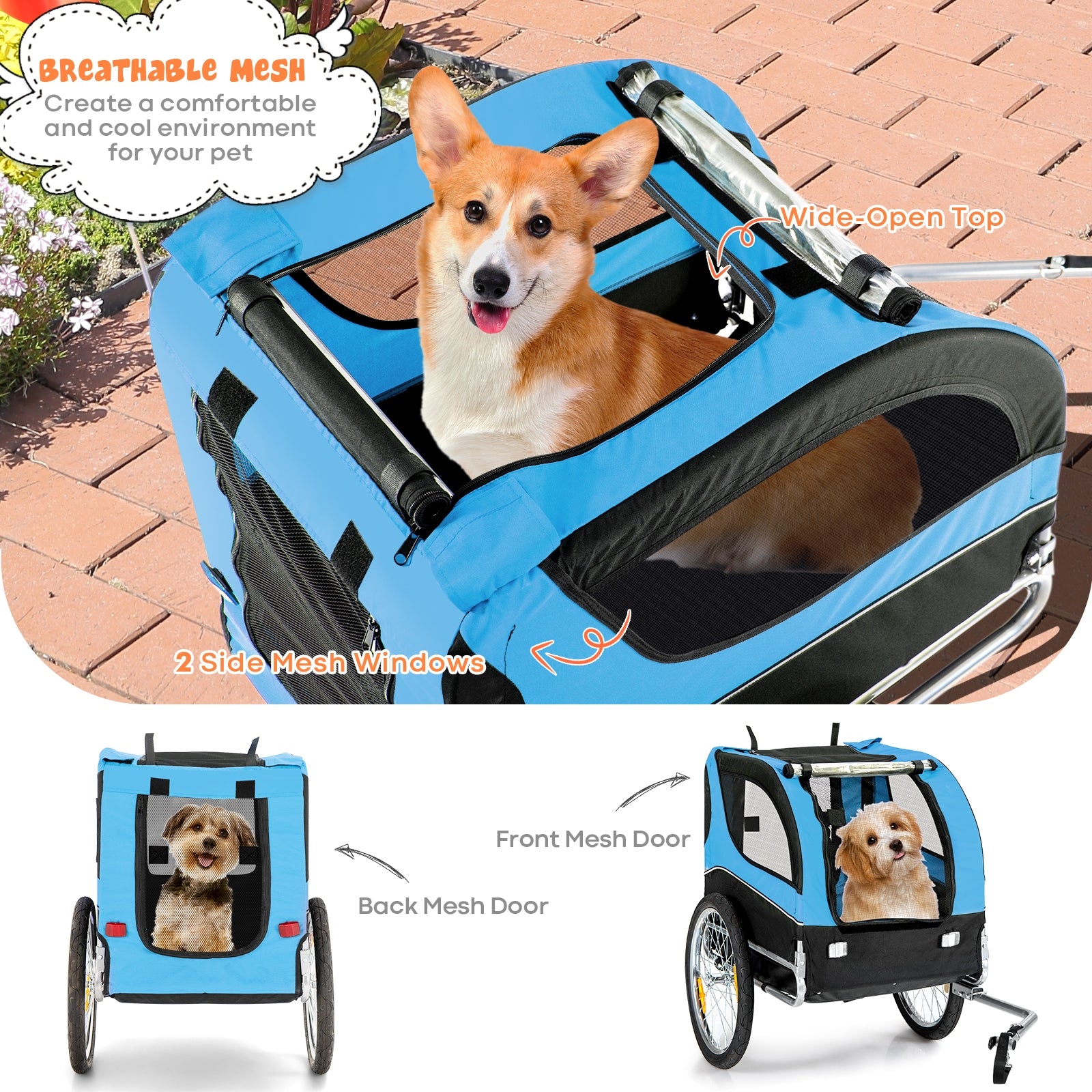 Dog Bike Trailer Foldable Pet Cart with 3 Entrances for Travel Pet Wagon - view 6