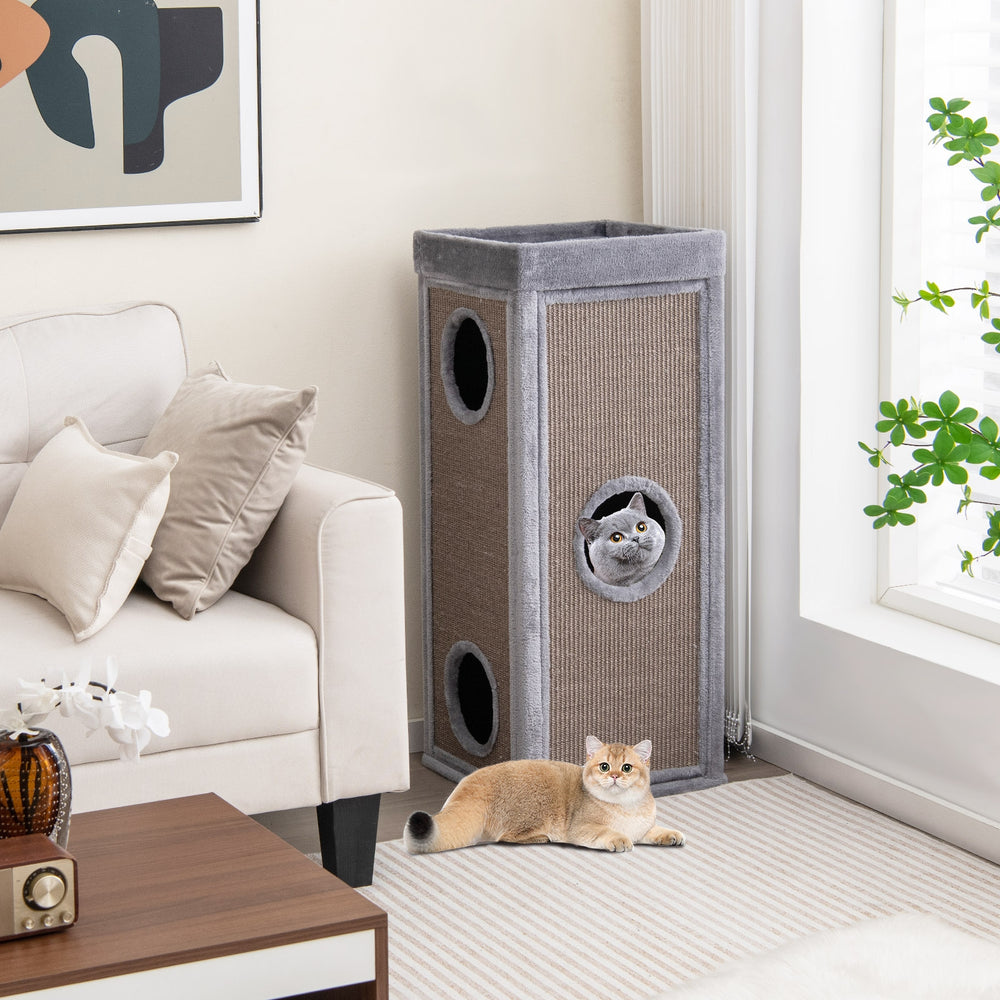 39 Inch Tall Cat Condo with Scratching Posts and 3 Hideaways and 4 Soft Plush - view 2