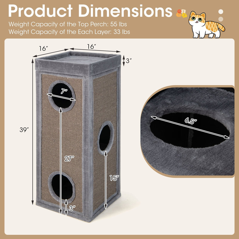 39 Inch Tall Cat Condo with Scratching Posts and 3 Hideaways and 4 Soft Plush - view 5