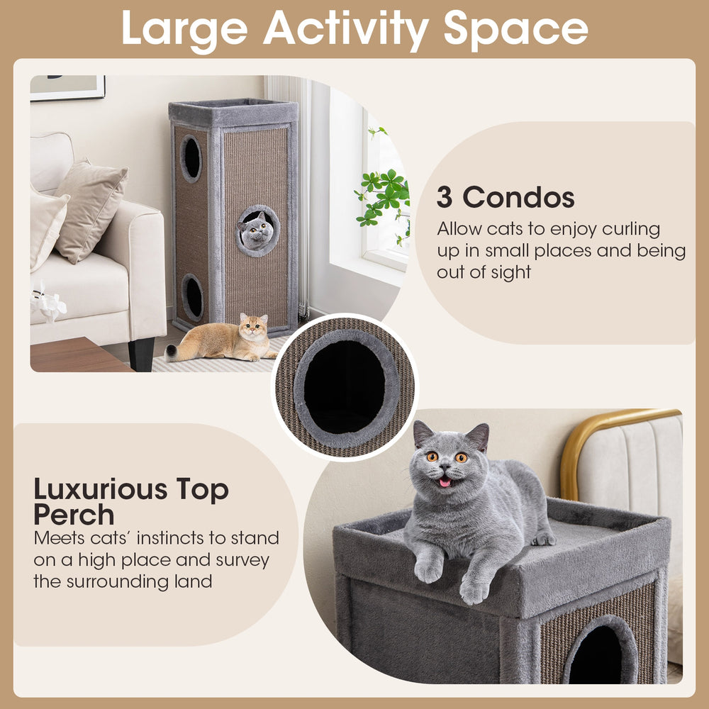 39 Inch Tall Cat Condo with Scratching Posts and 3 Hideaways and 4 Soft Plush - view 6