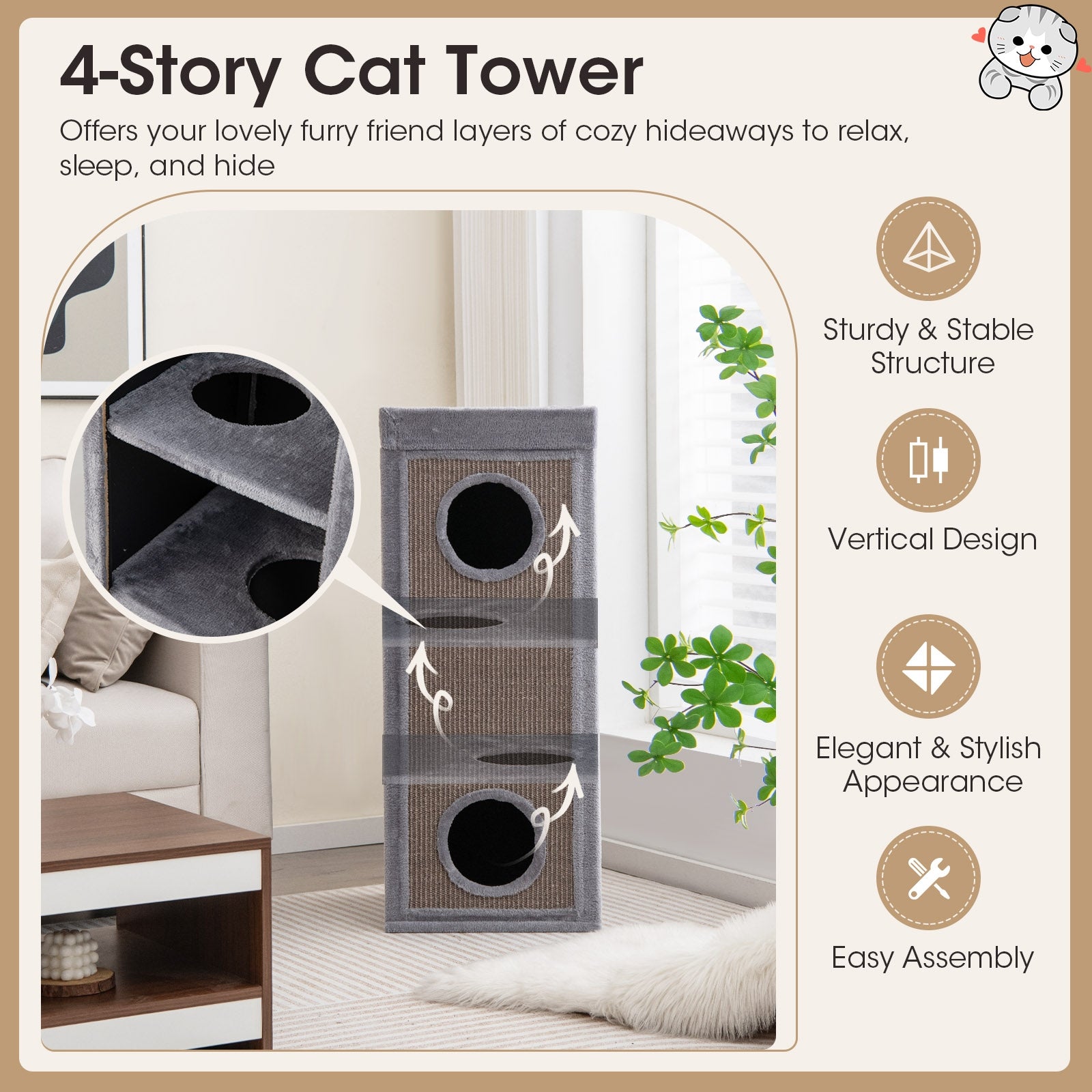 39 Inch Tall Cat Condo with Scratching Posts and 3 Hideaways and 4 Soft Plush - view 8