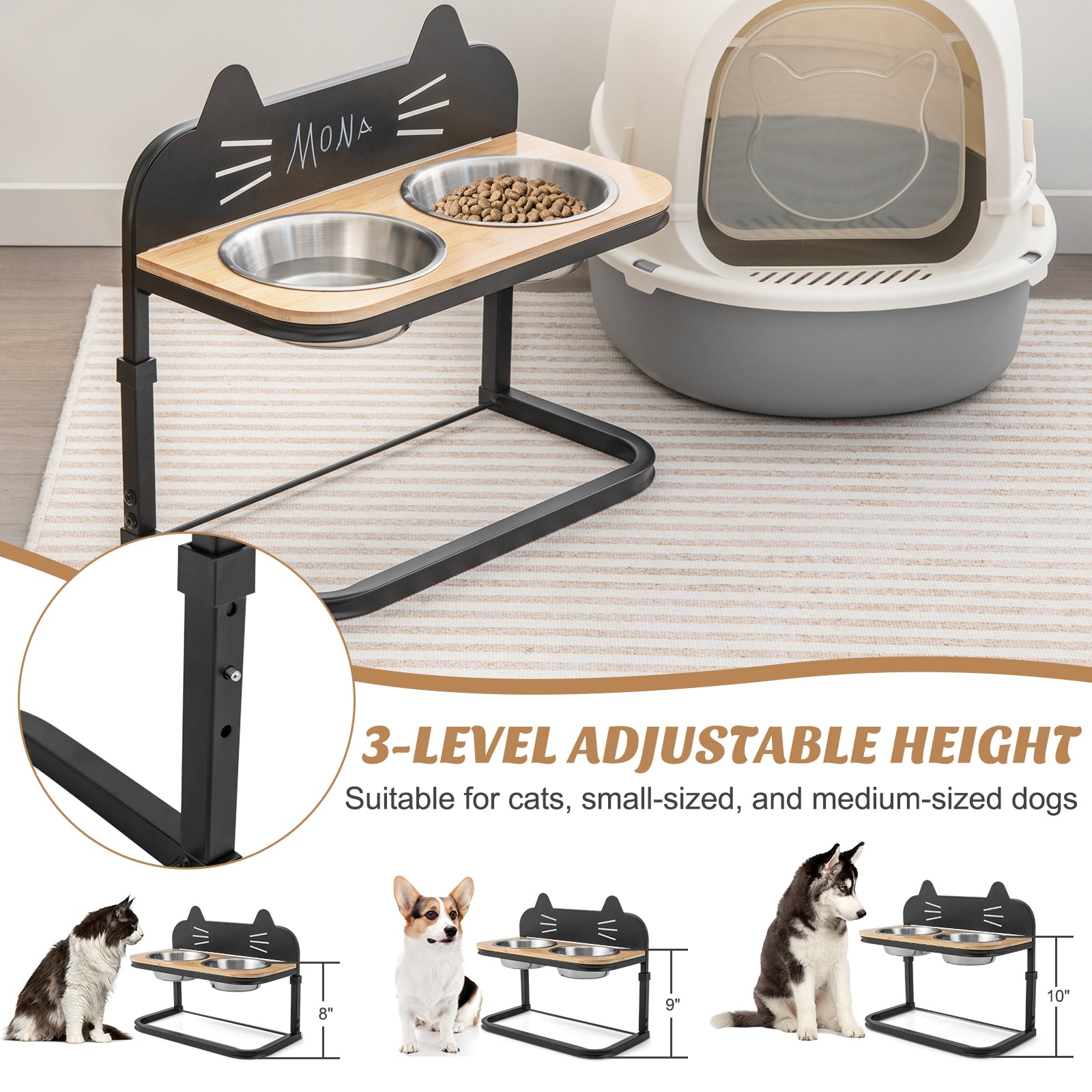Elevated Pet Feeder with 2 Stainless Steel Bowls for Cats and Small and Medium - view 7