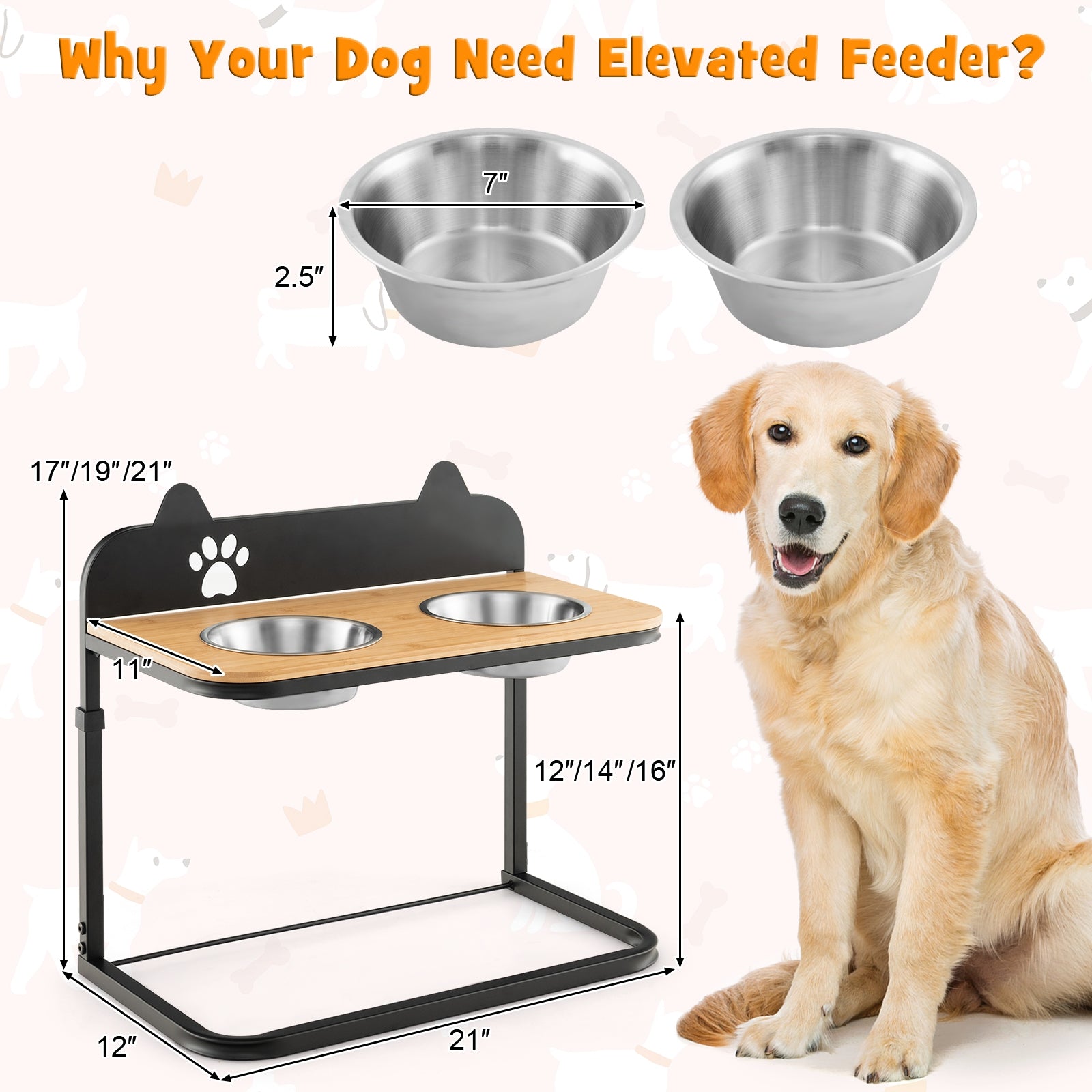 Dog Bowl Stand with 2 Stainless Steel Food Water Bowls - view 5