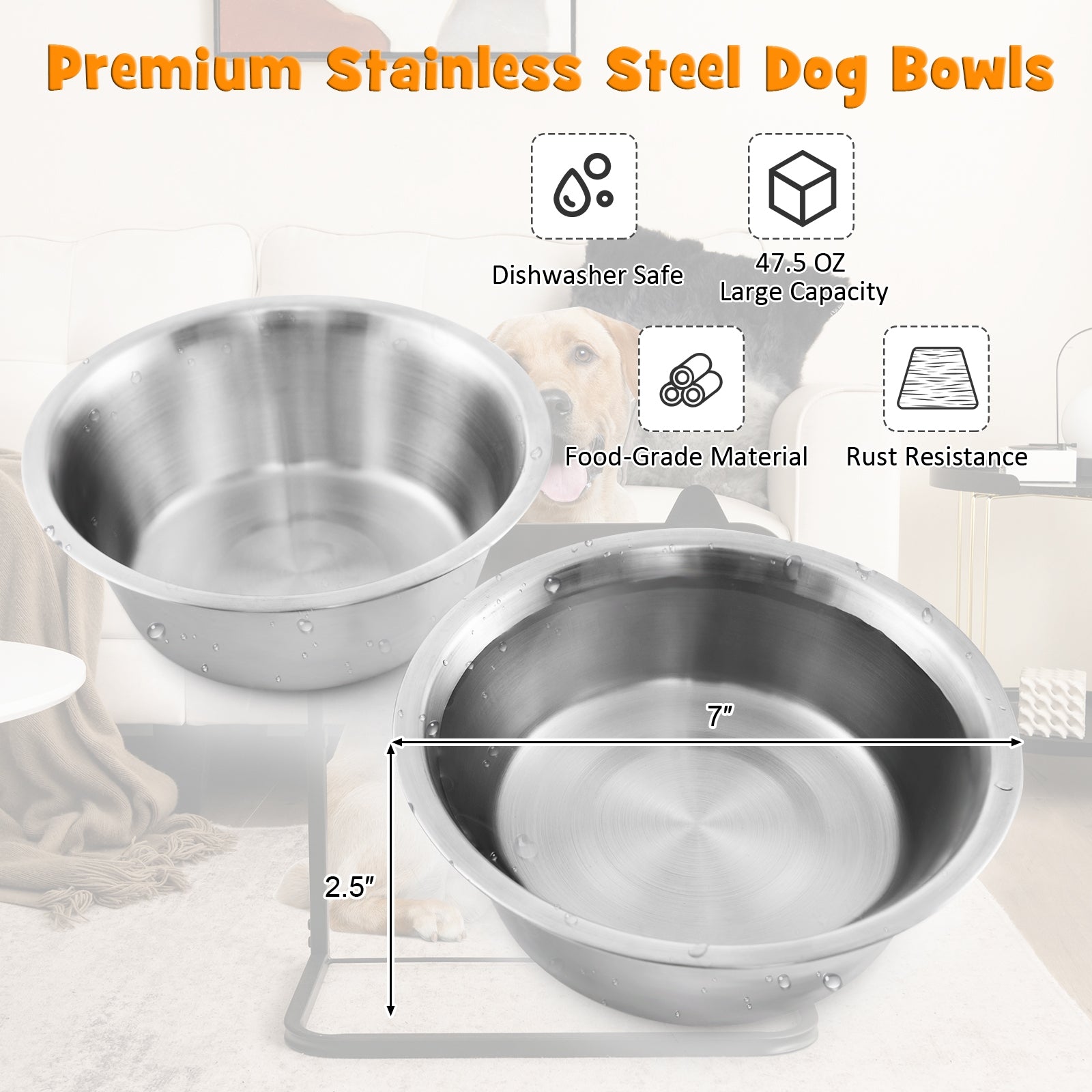 Dog Bowl Stand with 2 Stainless Steel Food Water Bowls - view 7