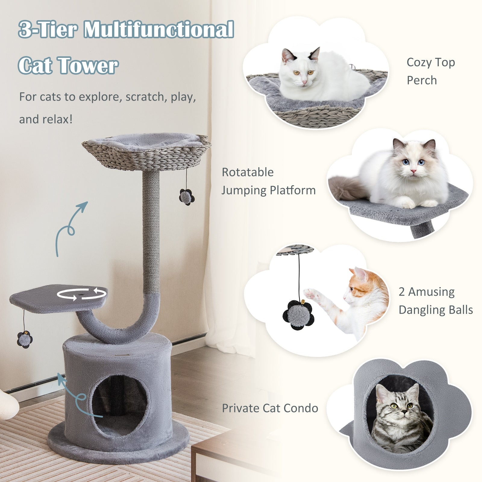 42 Inch Cat Tree with Curved Metal Supporting Frame and Sisal Scratching Board - view 7
