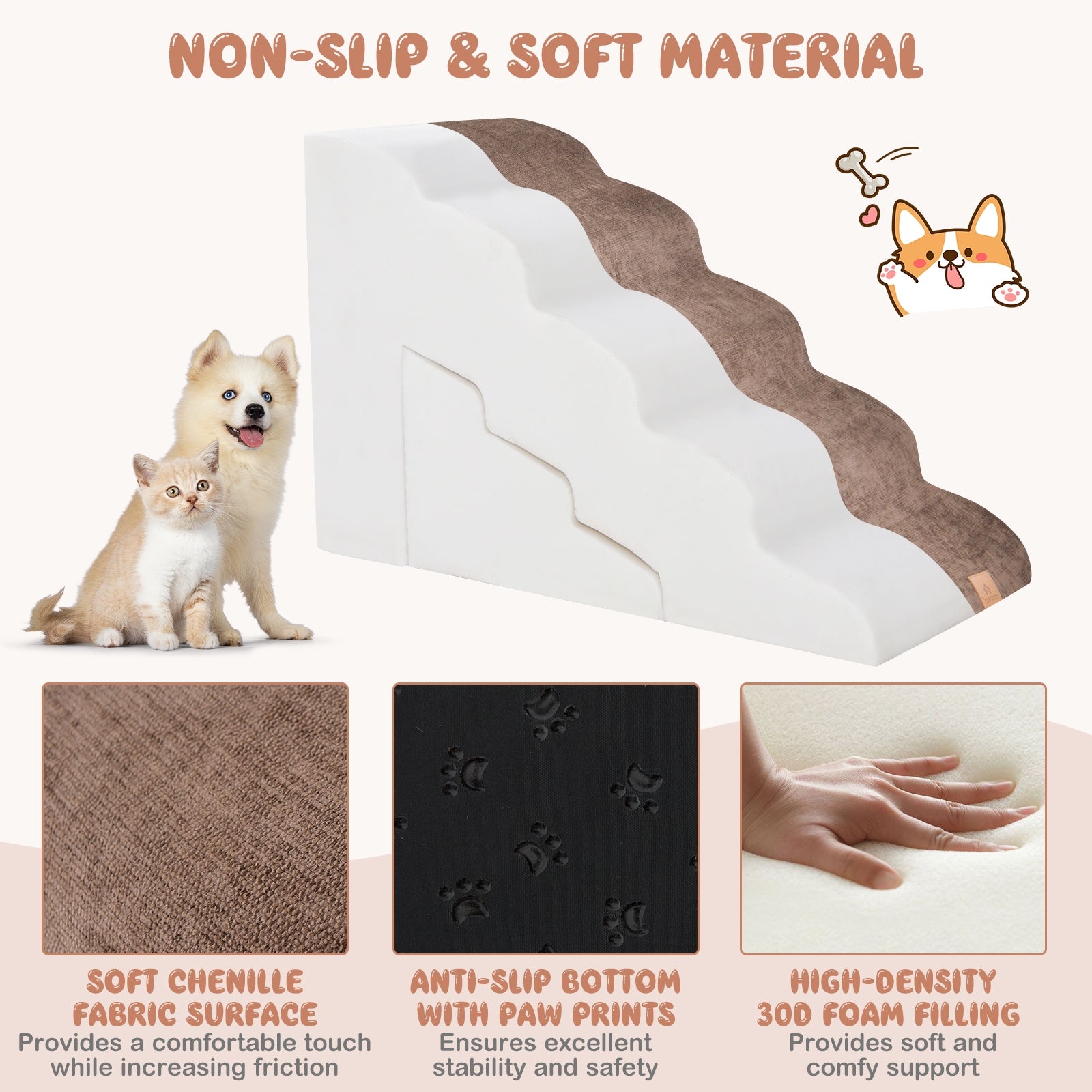22 Inches and 11 Inches Foam Pet Stairs Set with 5-Tier and 3-Tier Dog Ramps - view 6