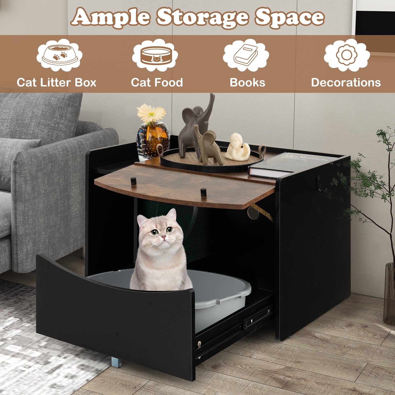 Cat Litter Box Enclosure with Pull-out Drawer Cat House - view 5