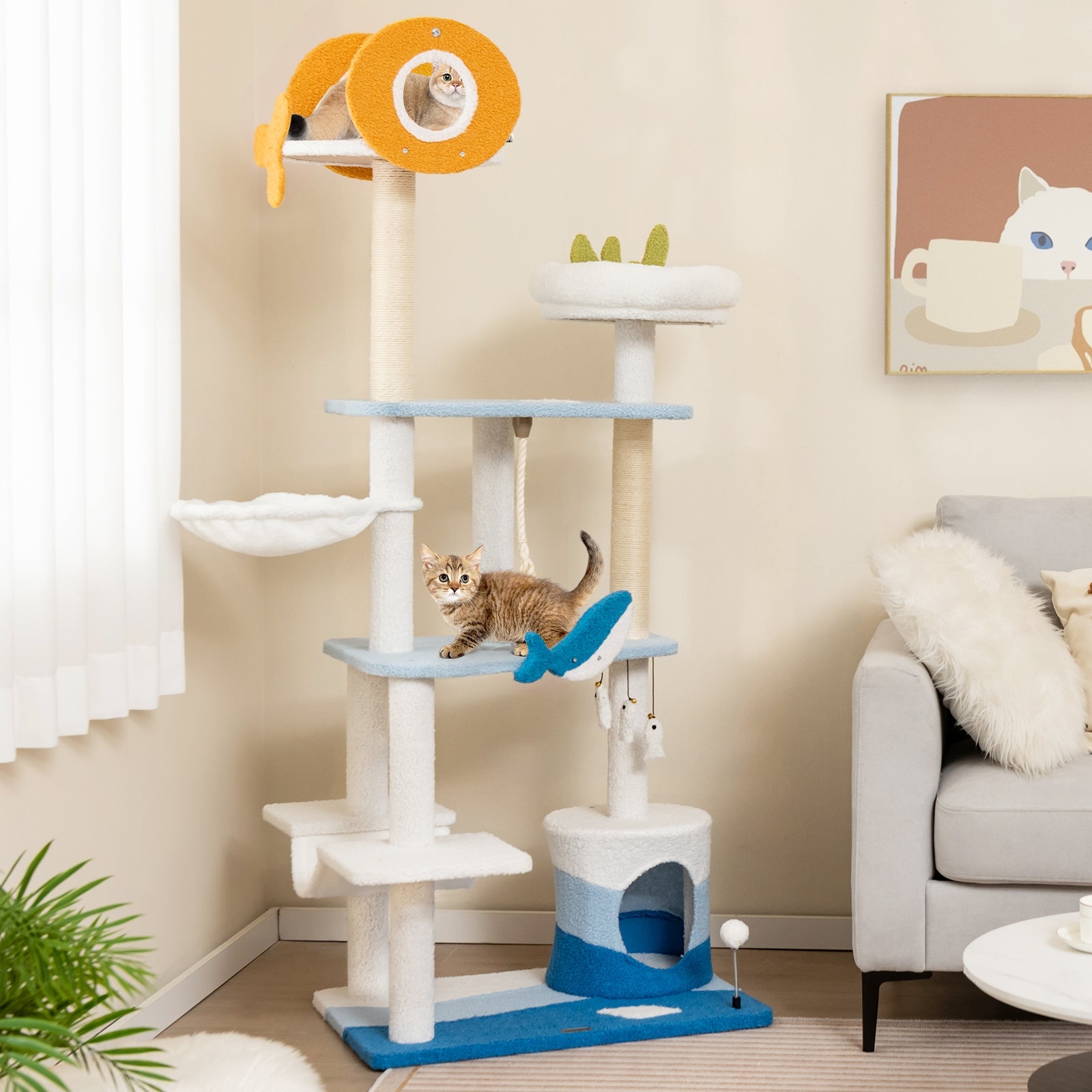 Multi-level Ocean-themed Cat Tree Tower with Sisal Covered Scratching Posts - view 2