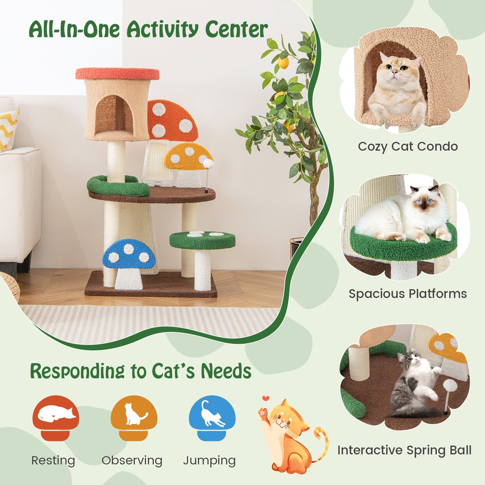 Patended 4-In-1 Mushroom Cat Tree with Condo Spring Ball and Sisal Posts - view 6