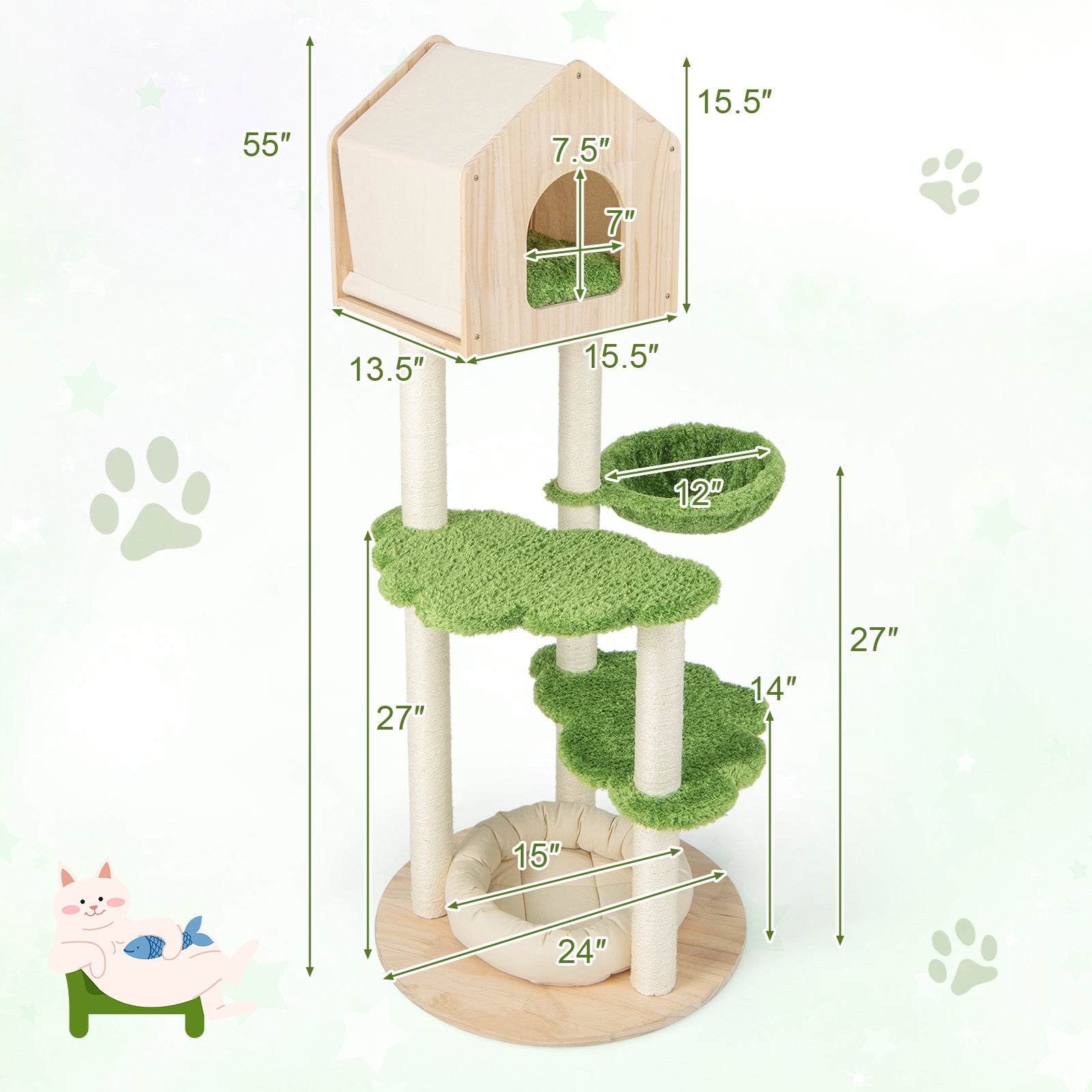 55 Inch Tall Cat Climbing Stand with Sisal Scratching Posts and Soft Cat Bed - view 5