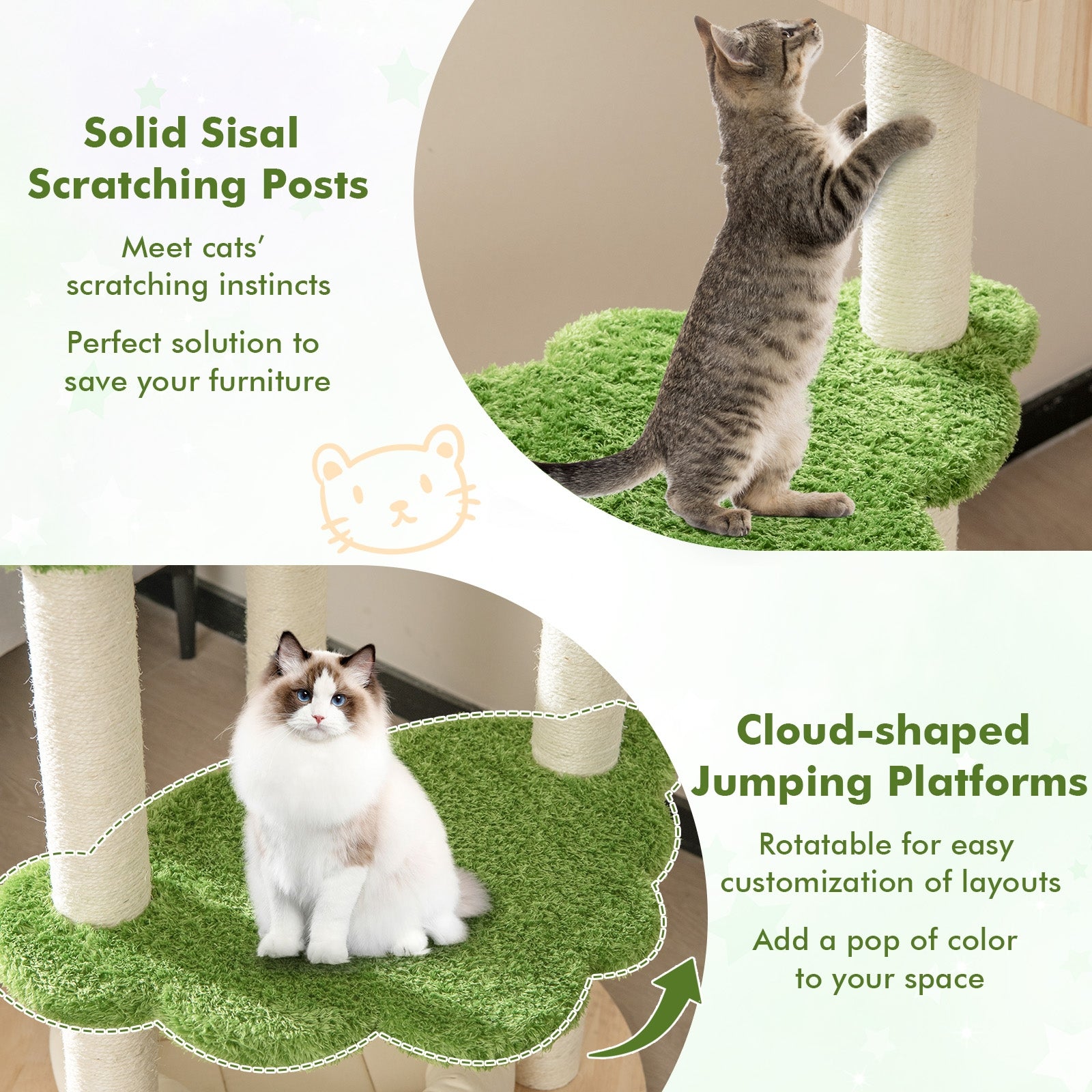 55 Inch Tall Cat Climbing Stand with Sisal Scratching Posts and Soft Cat Bed - view 8