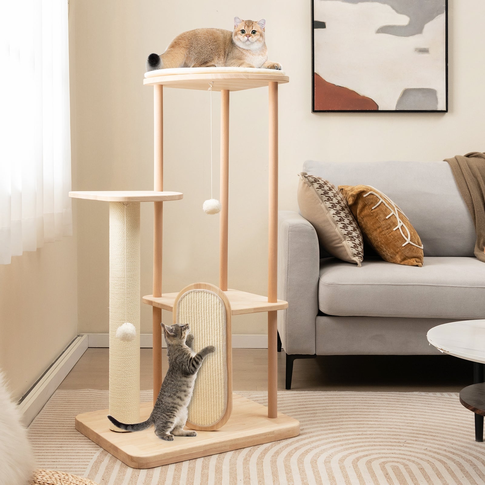 Wooden Multi-level Modern Cat Tower with Scratching Board and Post-44 inches - view 2