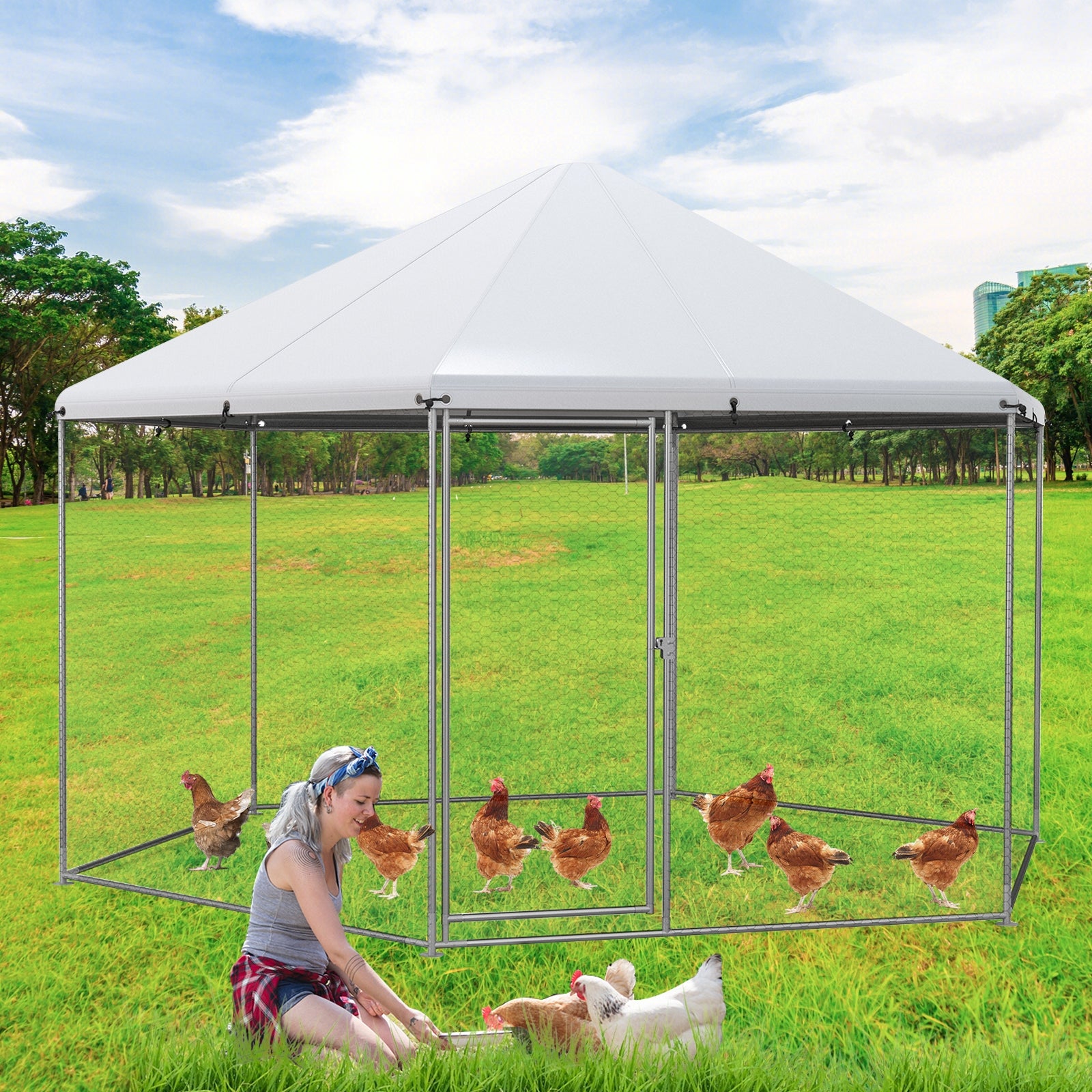 13FT Large Metal Hexagonal Chicken Coop with Wire Mesh and Lockable Door - view 3