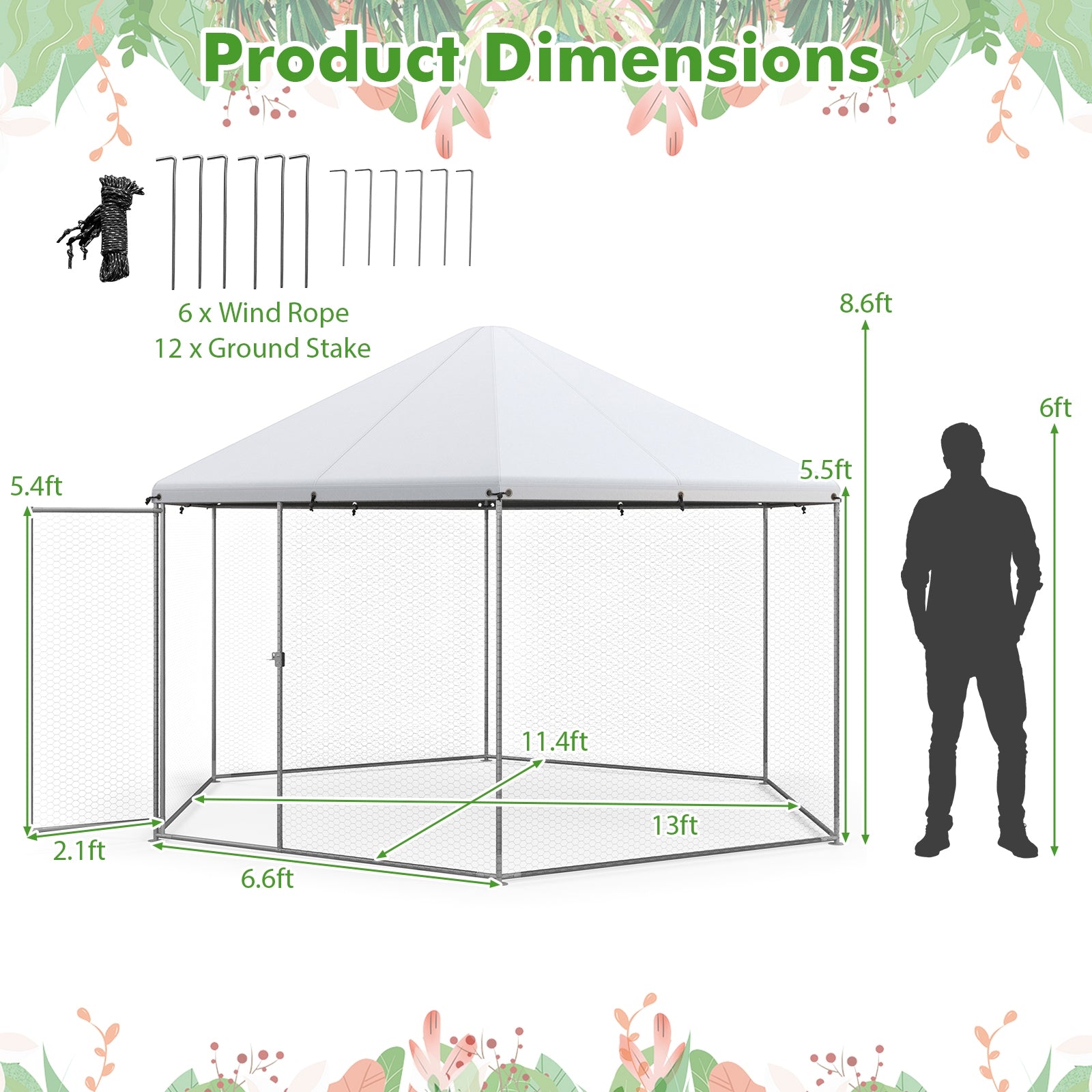 13FT Large Metal Hexagonal Chicken Coop with Wire Mesh and Lockable Door - view 5