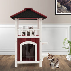 2-Story Wooden Cat House with Asphalt Roof Balcony and Rain Curtain-Red & White - view 3