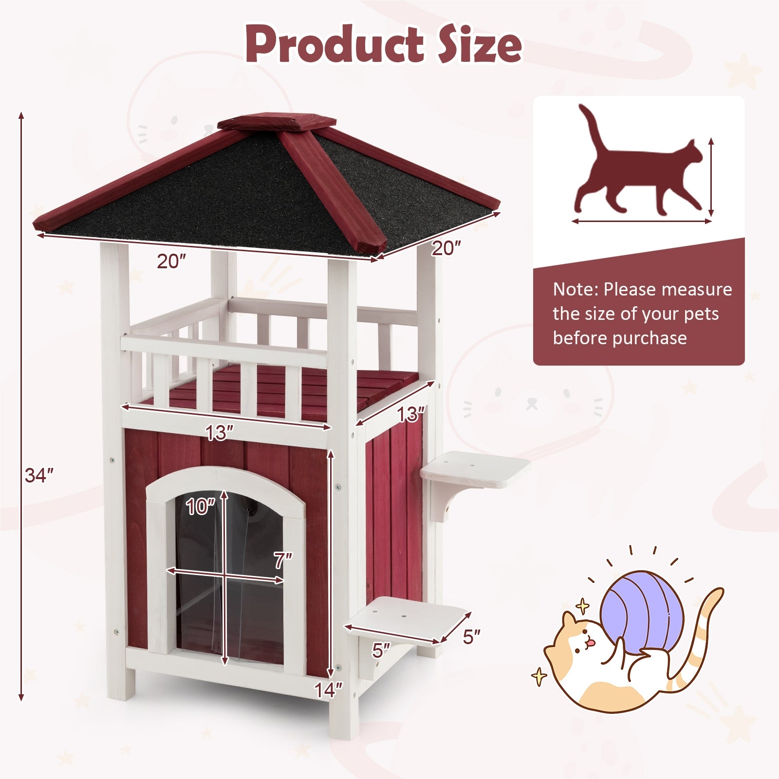 2-Story Wooden Cat House with Asphalt Roof Balcony and Rain Curtain-Red & White - view 4