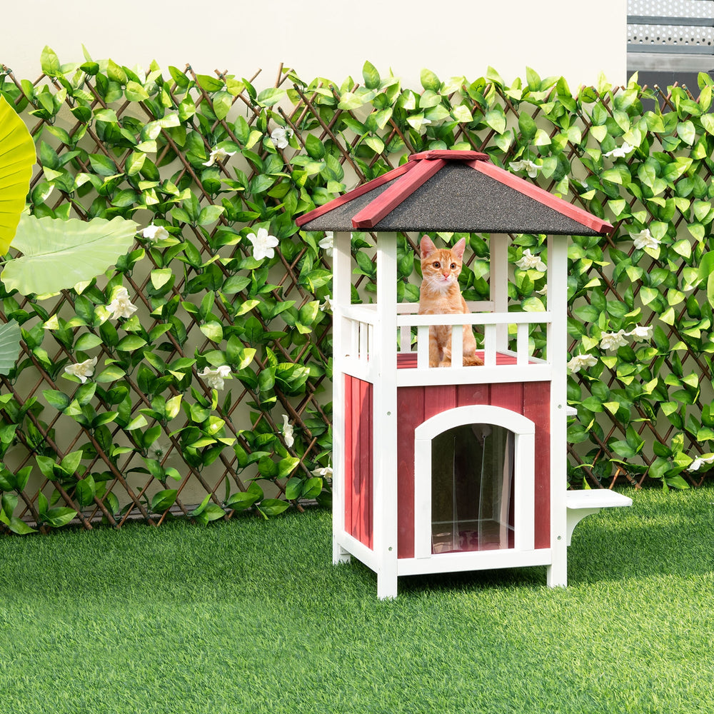 2-Story Wooden Cat House with Asphalt Roof Balcony and Rain Curtain-Red & White - view 5