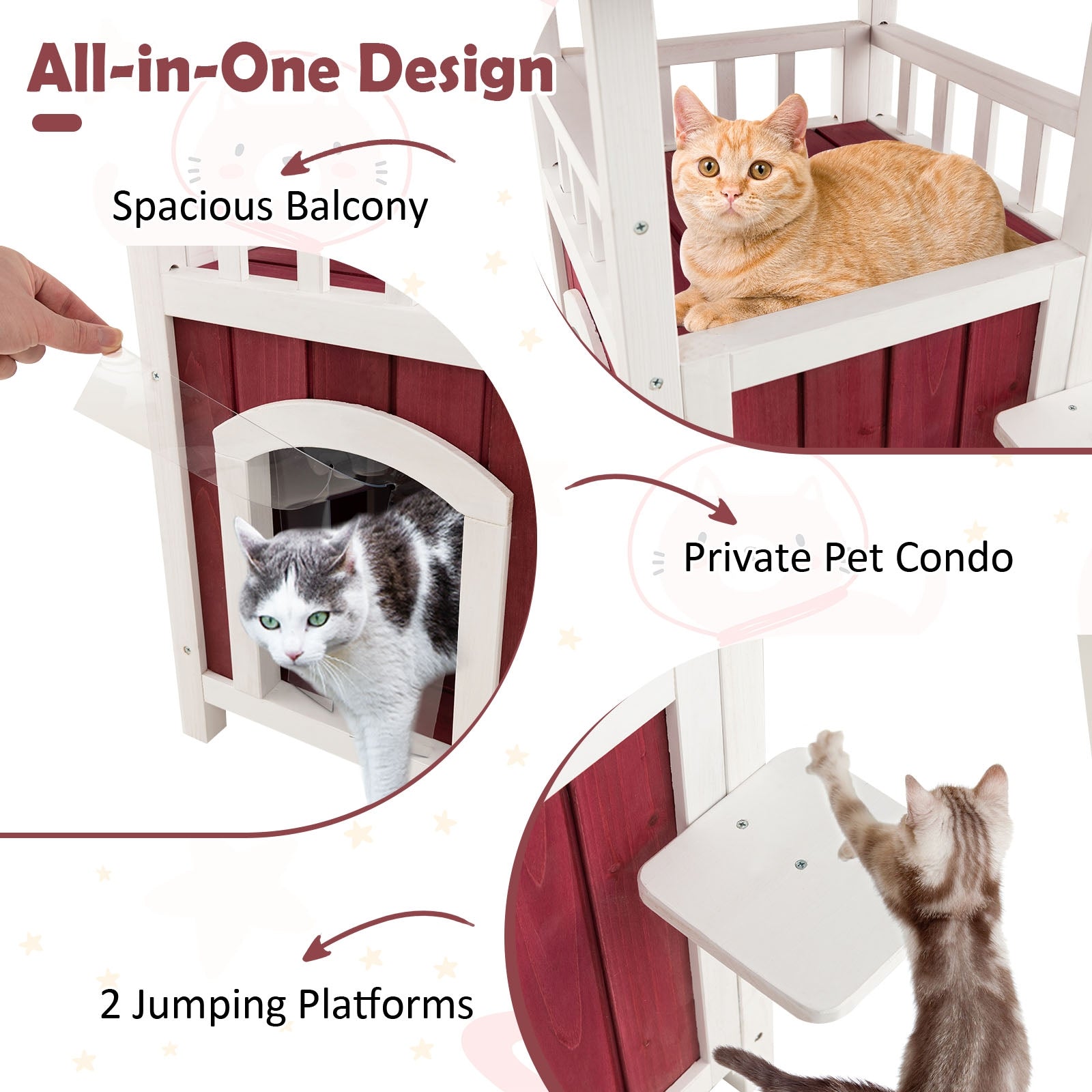 2-Story Wooden Cat House with Asphalt Roof Balcony and Rain Curtain-Red & White - view 6