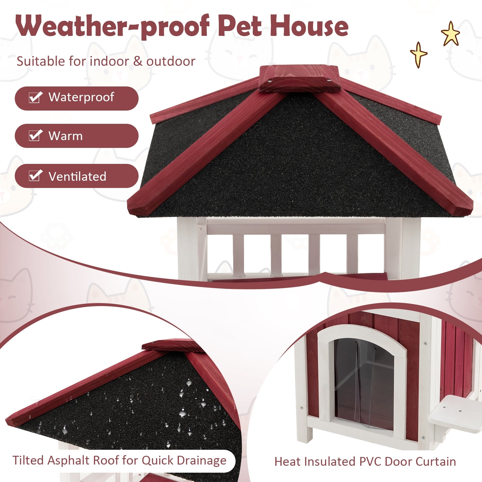 2-Story Wooden Cat House with Asphalt Roof Balcony and Rain Curtain-Red & White - view 7