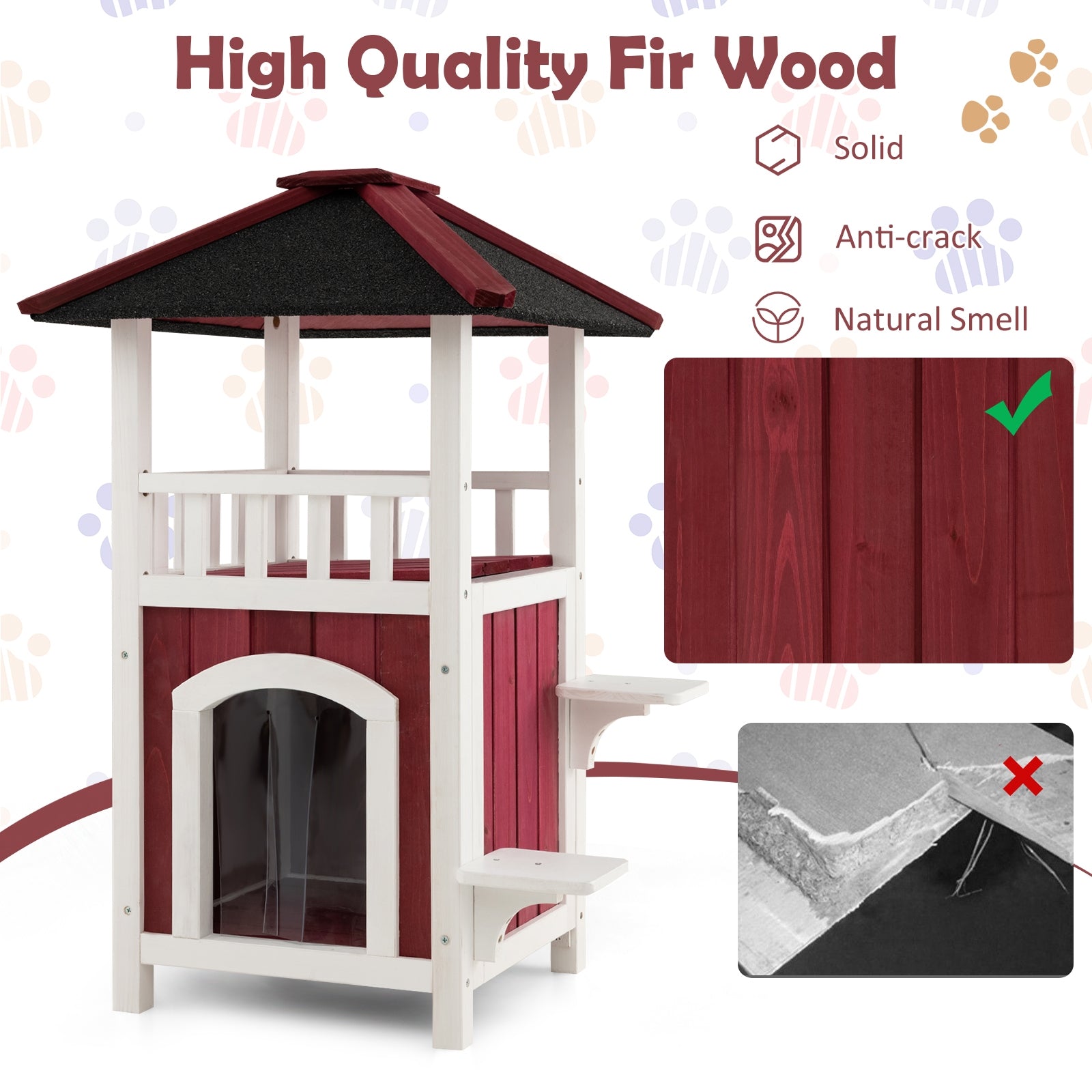 2-Story Wooden Cat House with Asphalt Roof Balcony and Rain Curtain-Red & White - view 8
