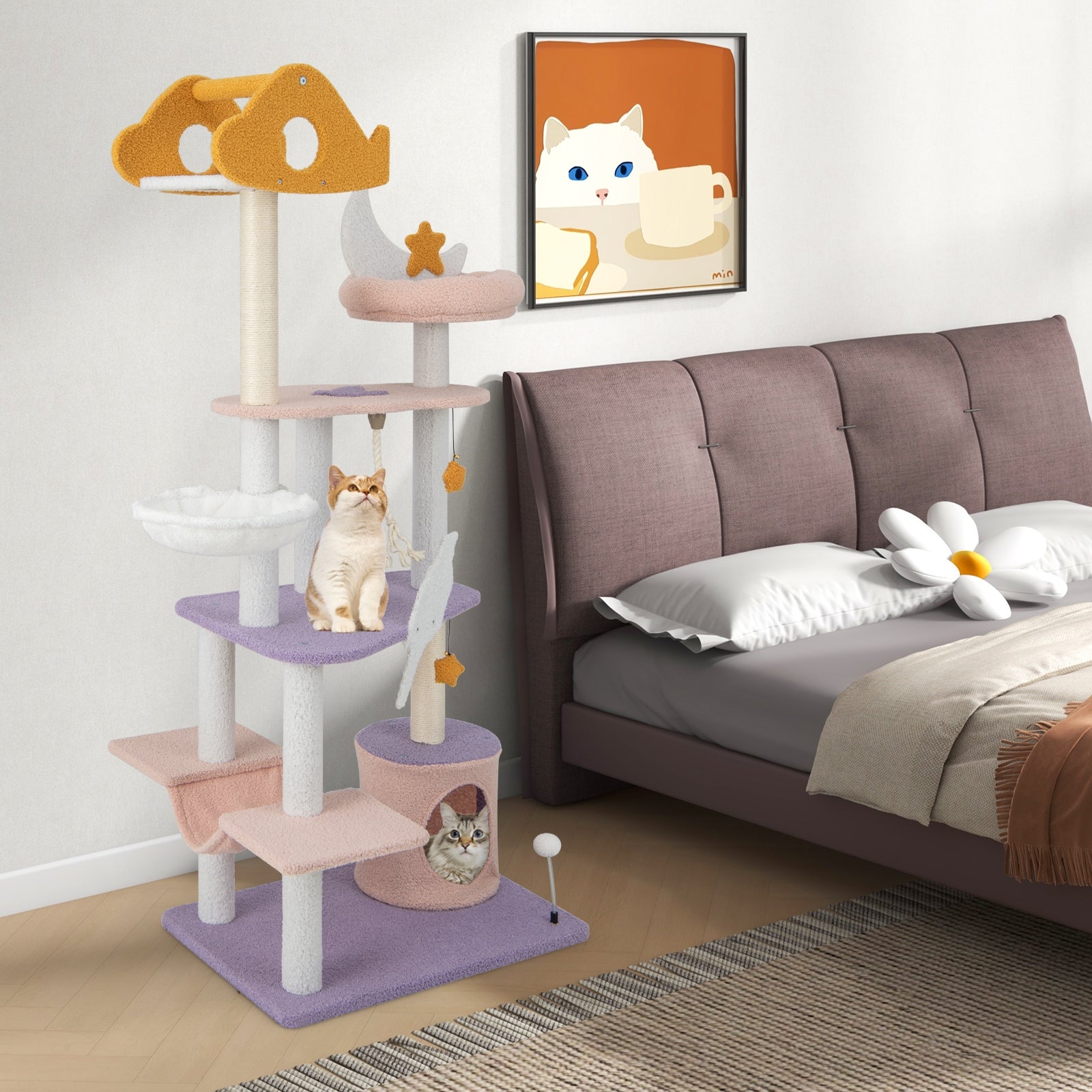 66 Inch Cute Cat Tree Cats Multi-level Tall Cat Tower with Sisal Covered - view 3