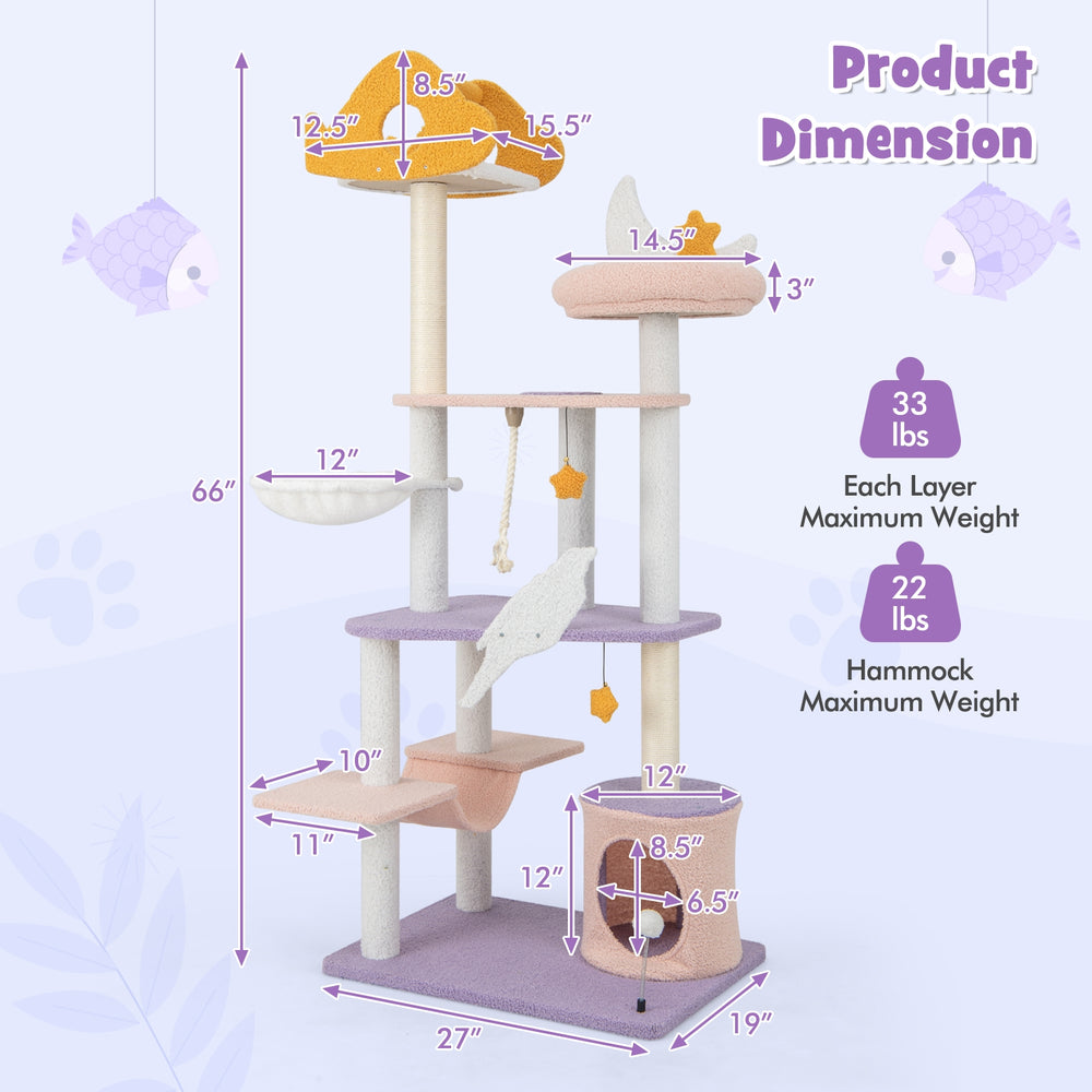 66 Inch Cute Cat Tree Cats Multi-level Tall Cat Tower with Sisal Covered - view 5