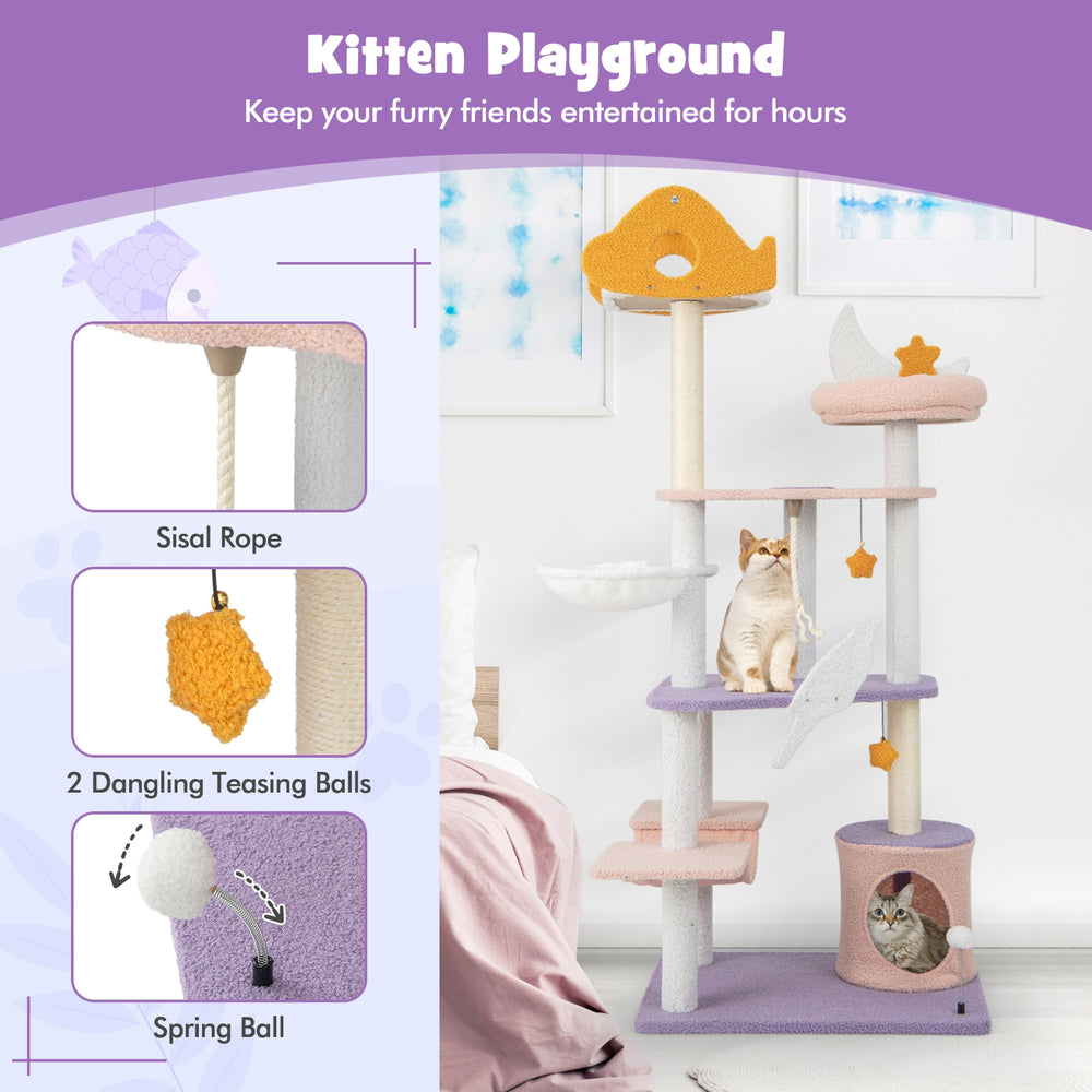 66 Inch Cute Cat Tree Cats Multi-level Tall Cat Tower with Sisal Covered - view 6