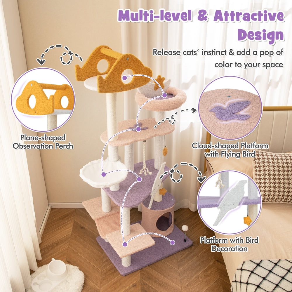 66 Inch Cute Cat Tree Cats Multi-level Tall Cat Tower with Sisal Covered - view 7